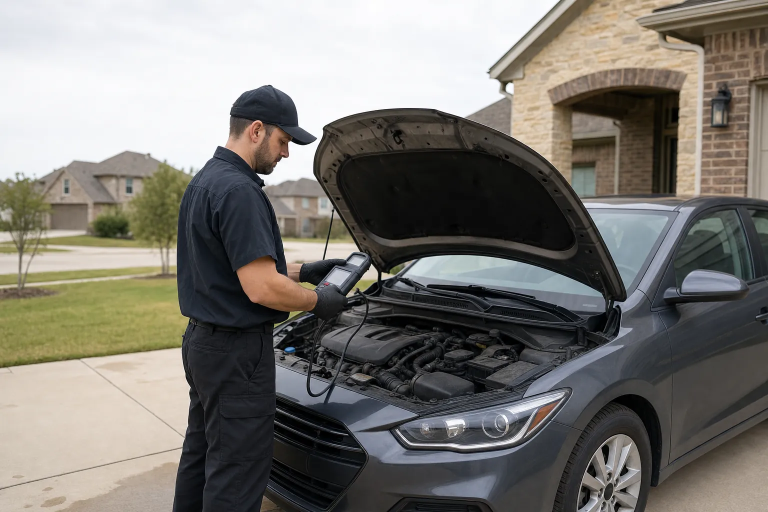 Mobile mechanic using a scan tool beside an open car hood in a driveway