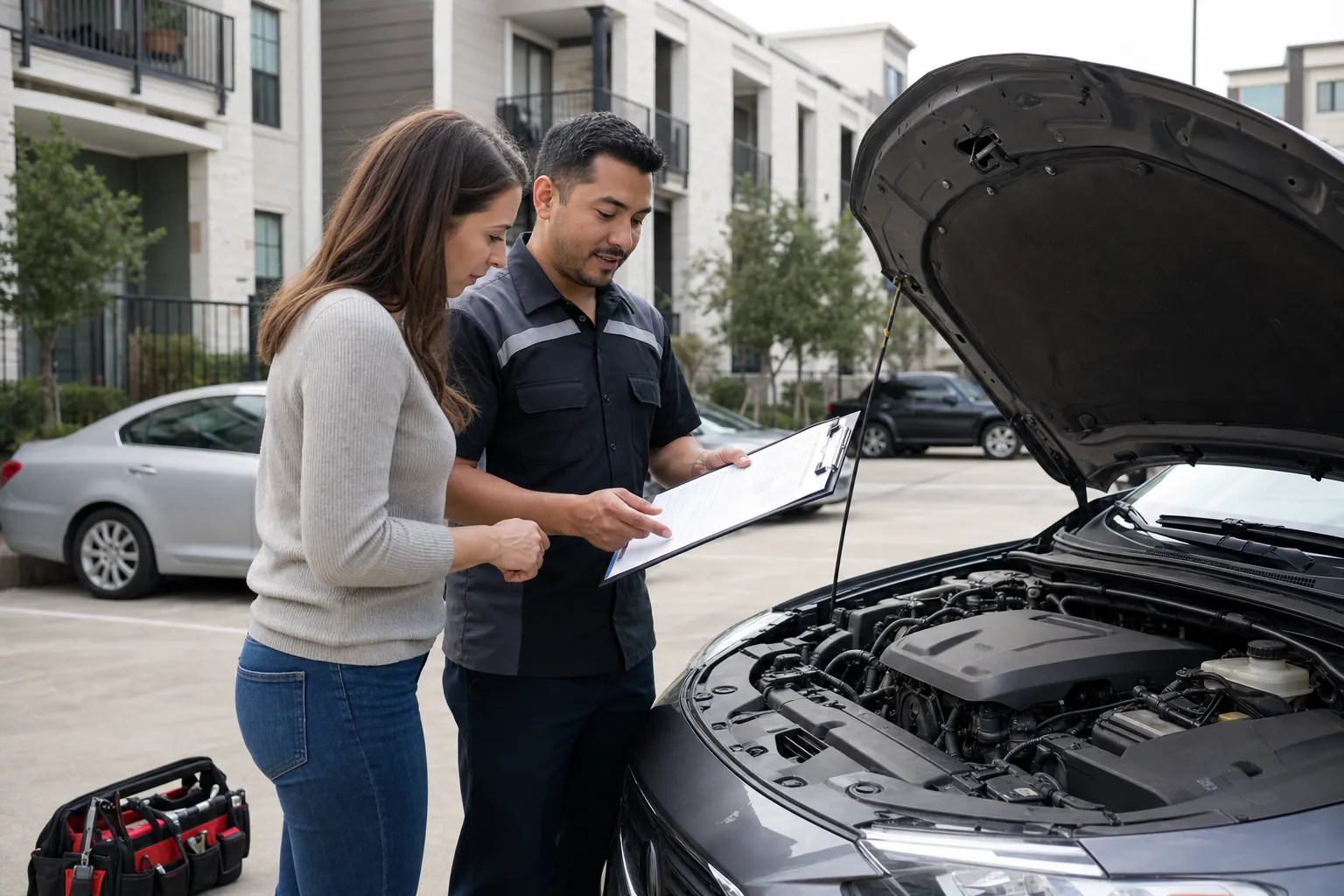 Vehicle owner and mobile mechanic reviewing a repair estimate beside an open car hood