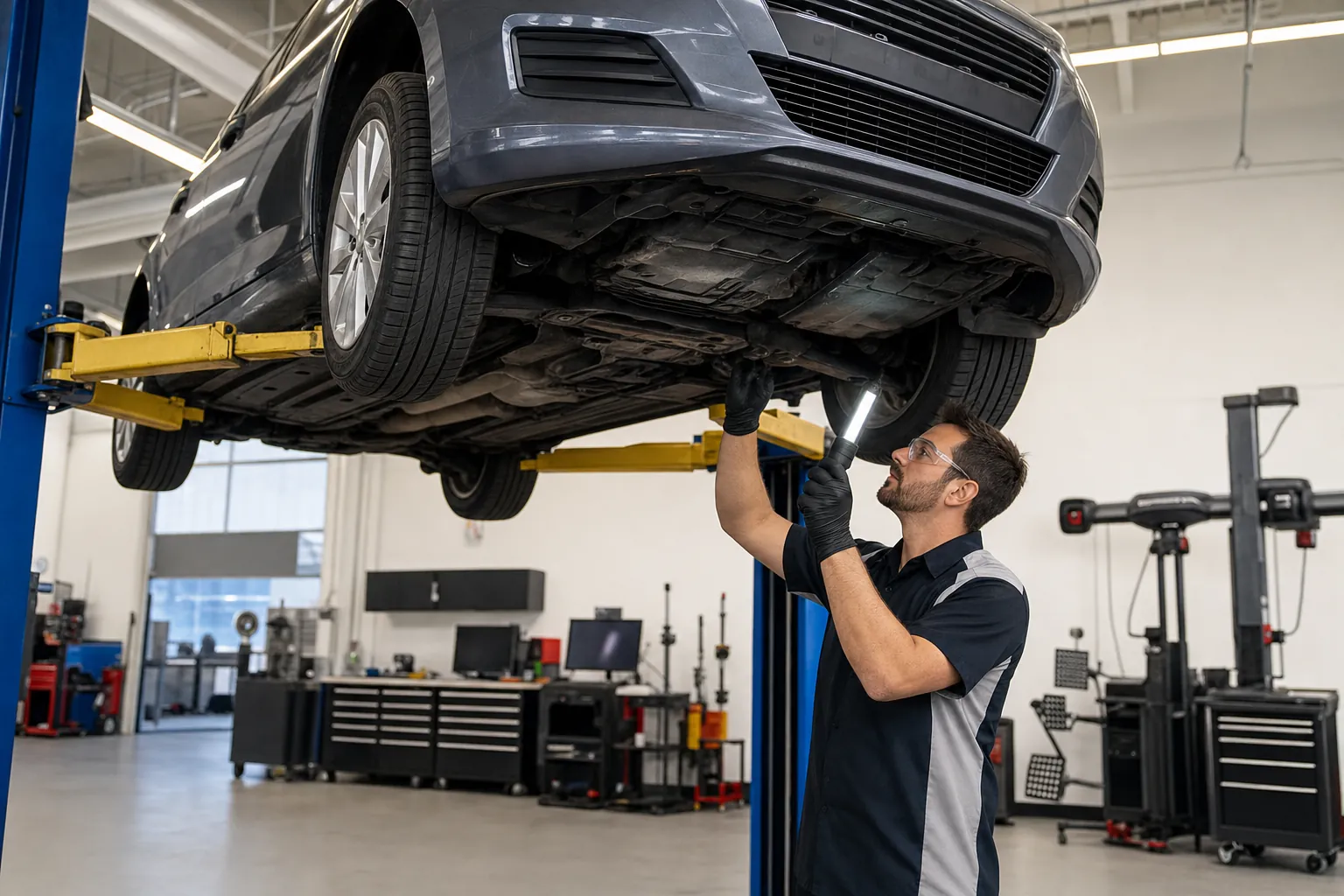 Technician inspecting the underbody of a passenger vehicle safely raised on a hydraulic shop lift