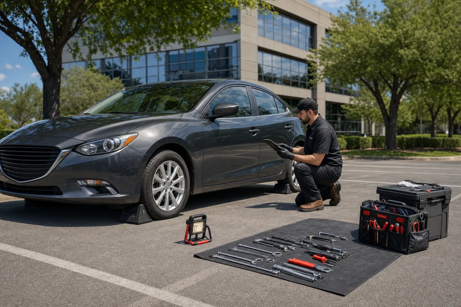 Mobile mechanic preparing a safe organized work area around a passenger vehicle in an office parking lot