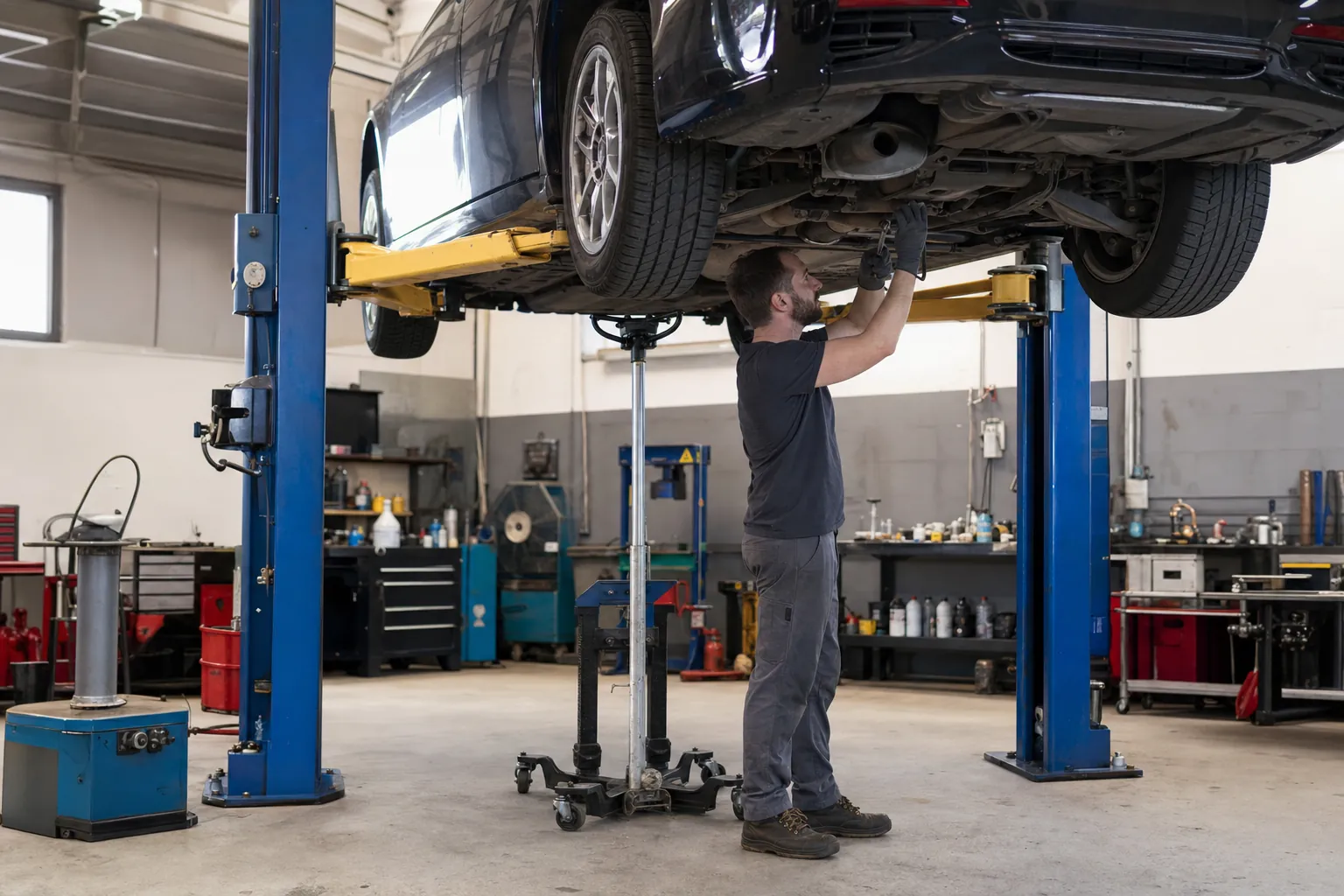 Passenger vehicle raised on a professional shop lift for an underside repair