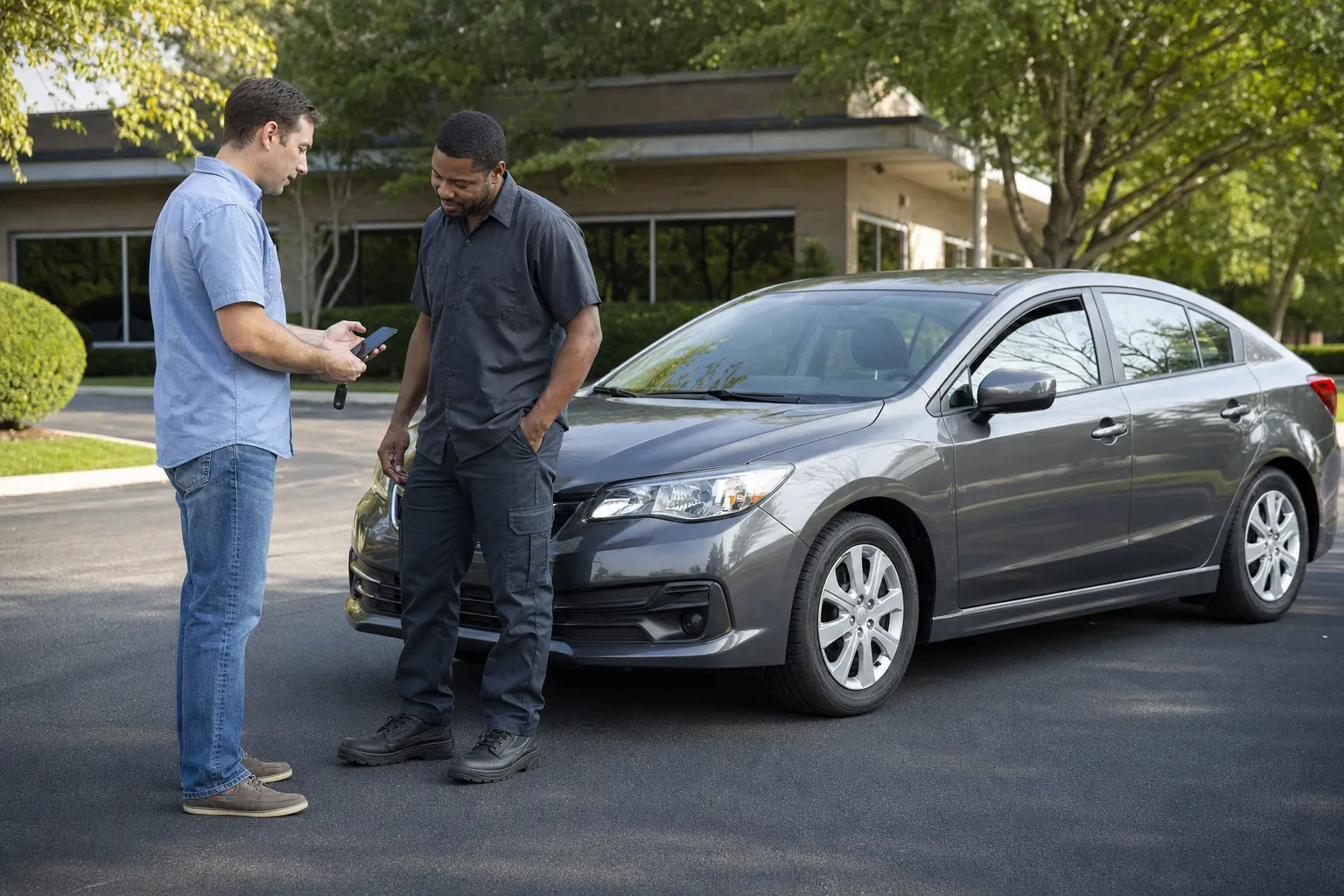 Driver sharing vehicle information with a mobile mechanic beside a parked car