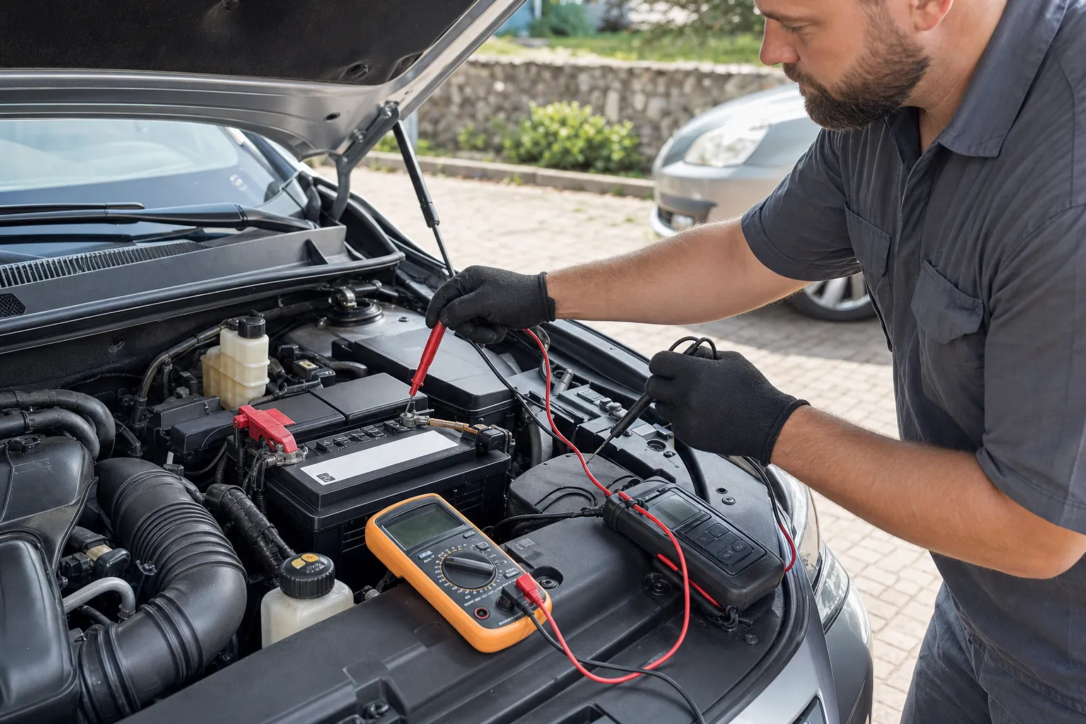 Mobile mechanic checking a vehicle battery and charging connections with a multimeter