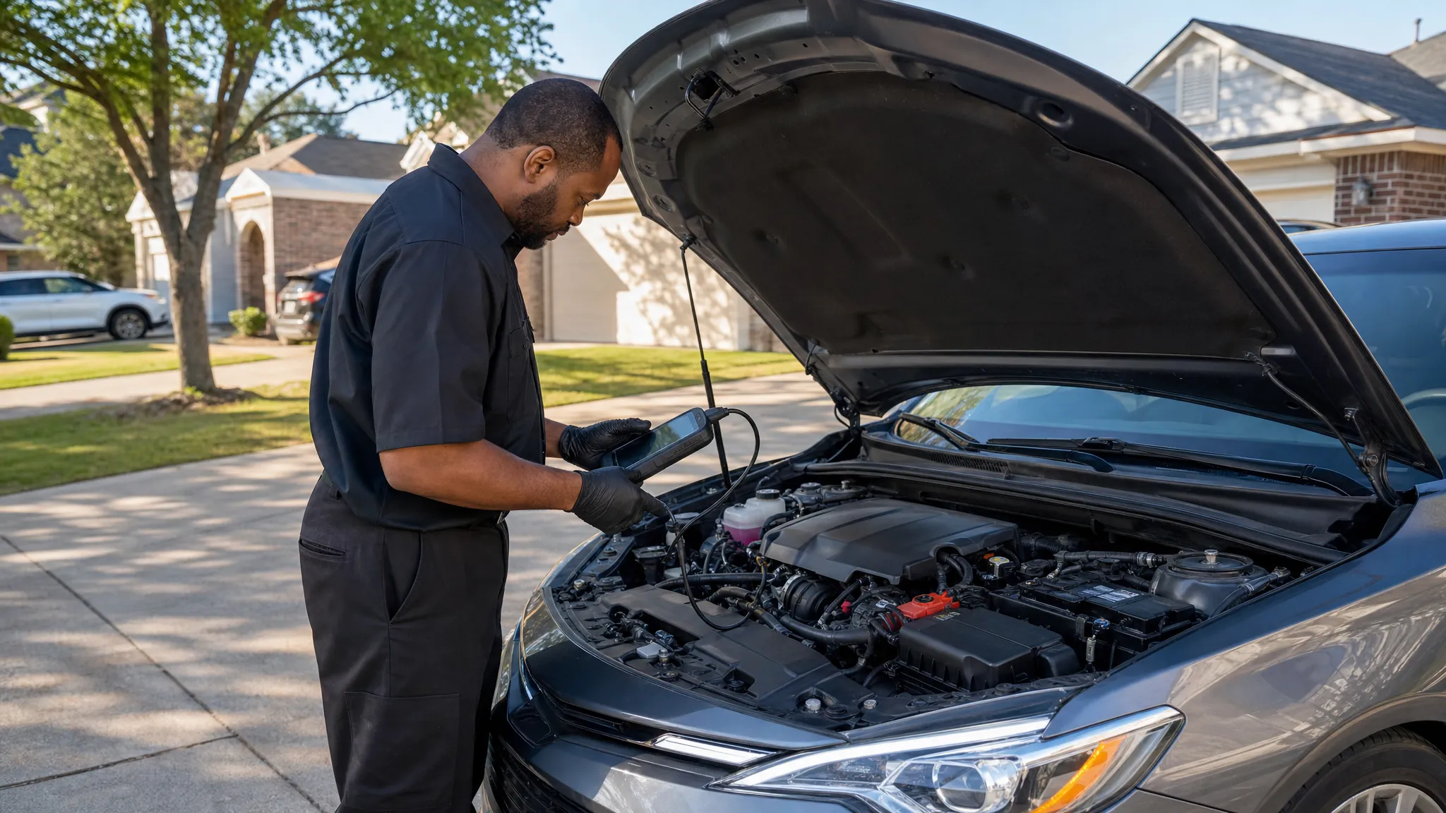 Mobile mechanic diagnosing a car with the hood open in a residential driveway