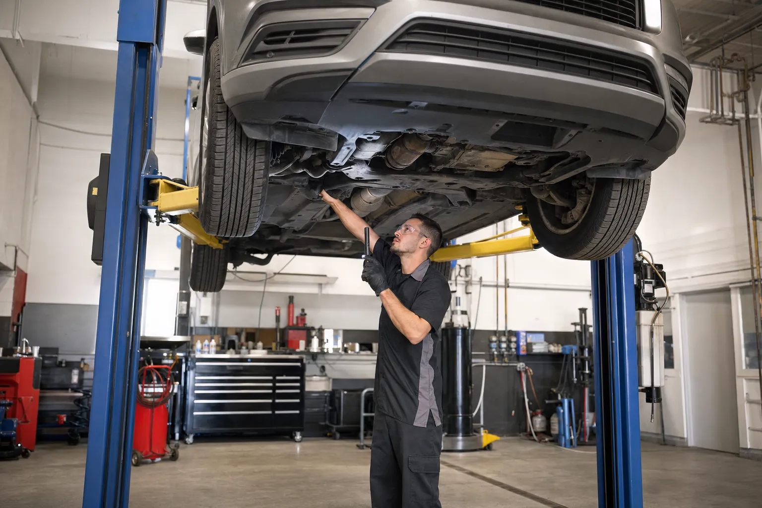Passenger vehicle raised on a shop lift for an underside repair inspection