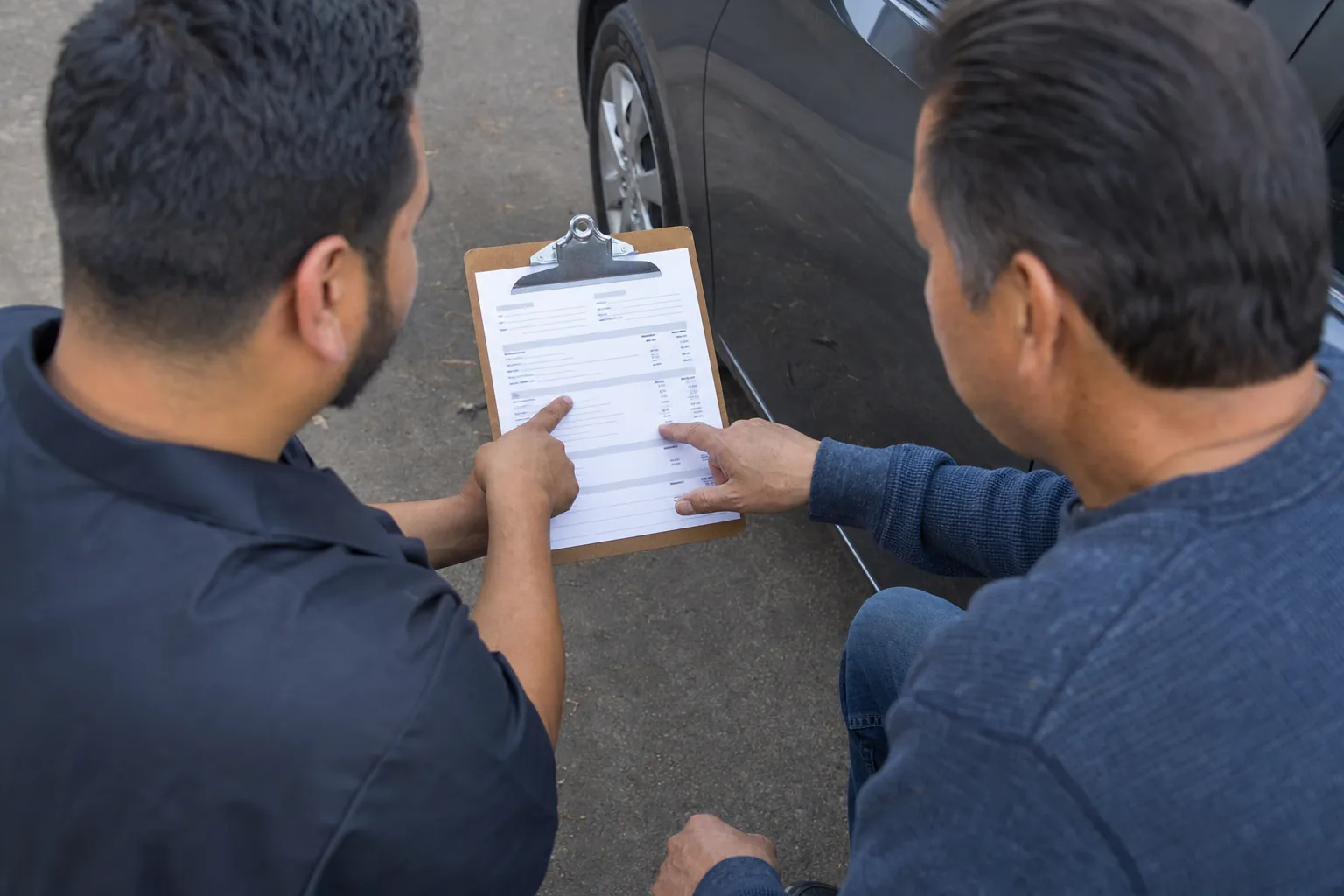 Vehicle owner and mobile mechanic reviewing an itemized estimate beside a parked car