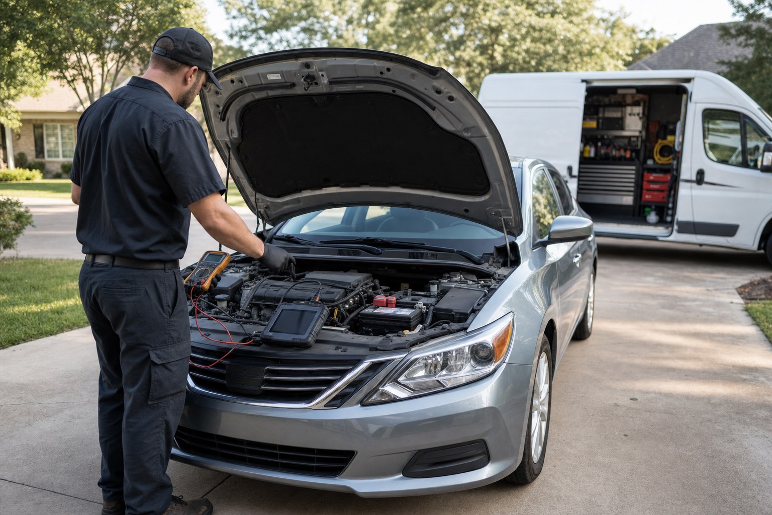 Mobile mechanic testing a no-start sedan in a residential driveway