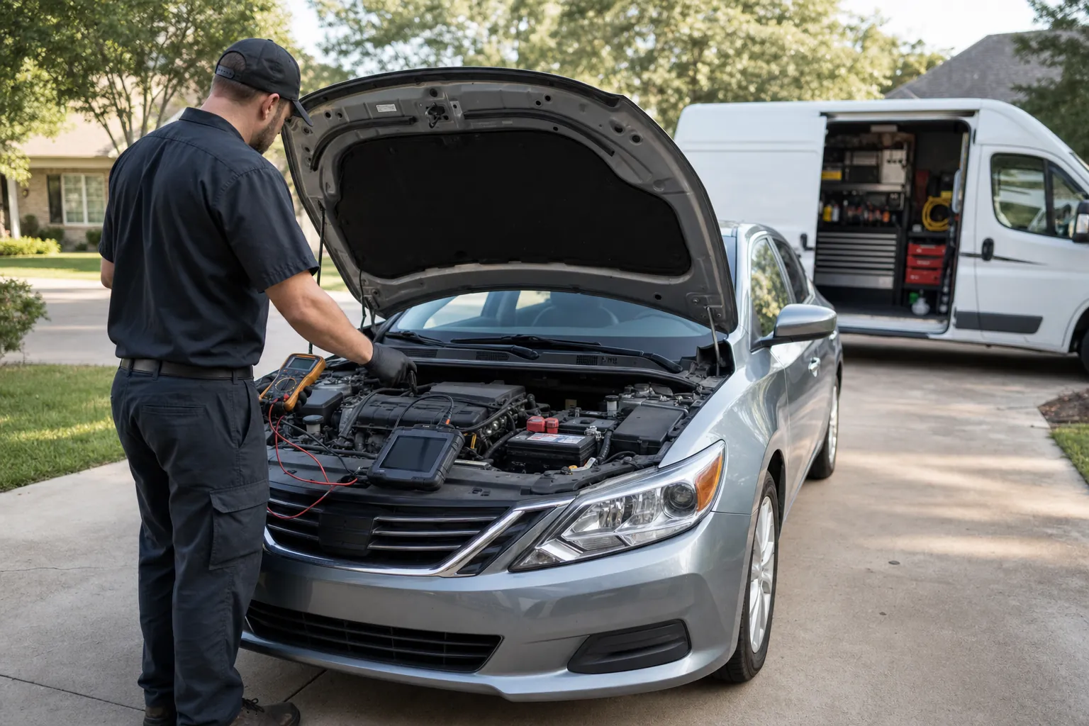 Mobile mechanic testing a no-start sedan in a residential driveway