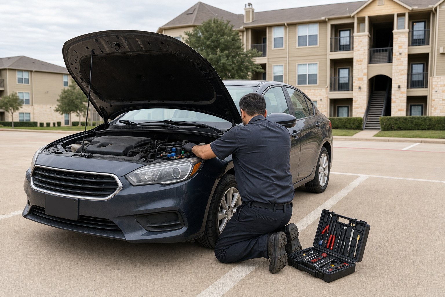 Mobile mechanic checking a no-start car in an apartment parking area with tools nearby