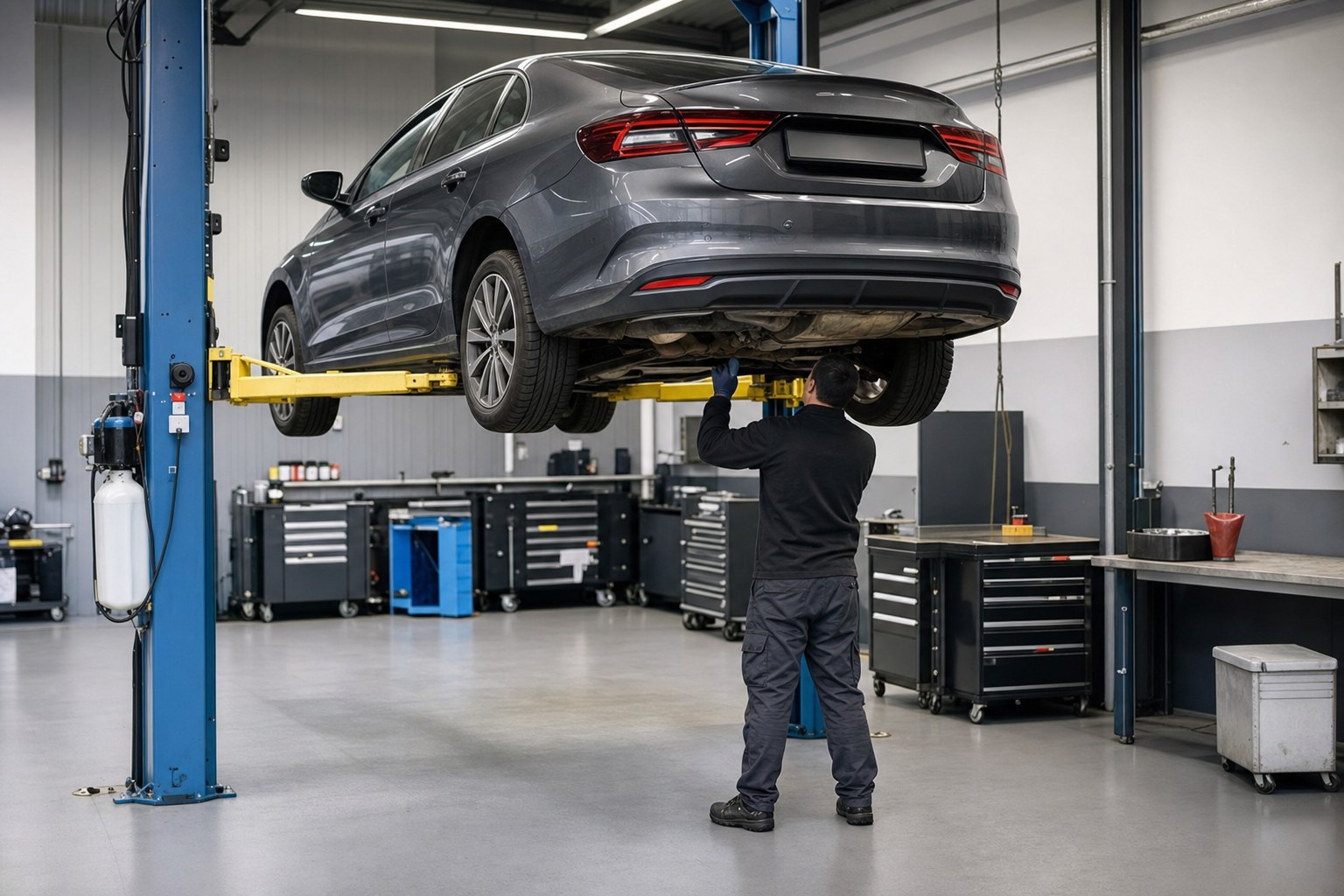 Passenger car raised securely on a hydraulic lift in a professional repair shop