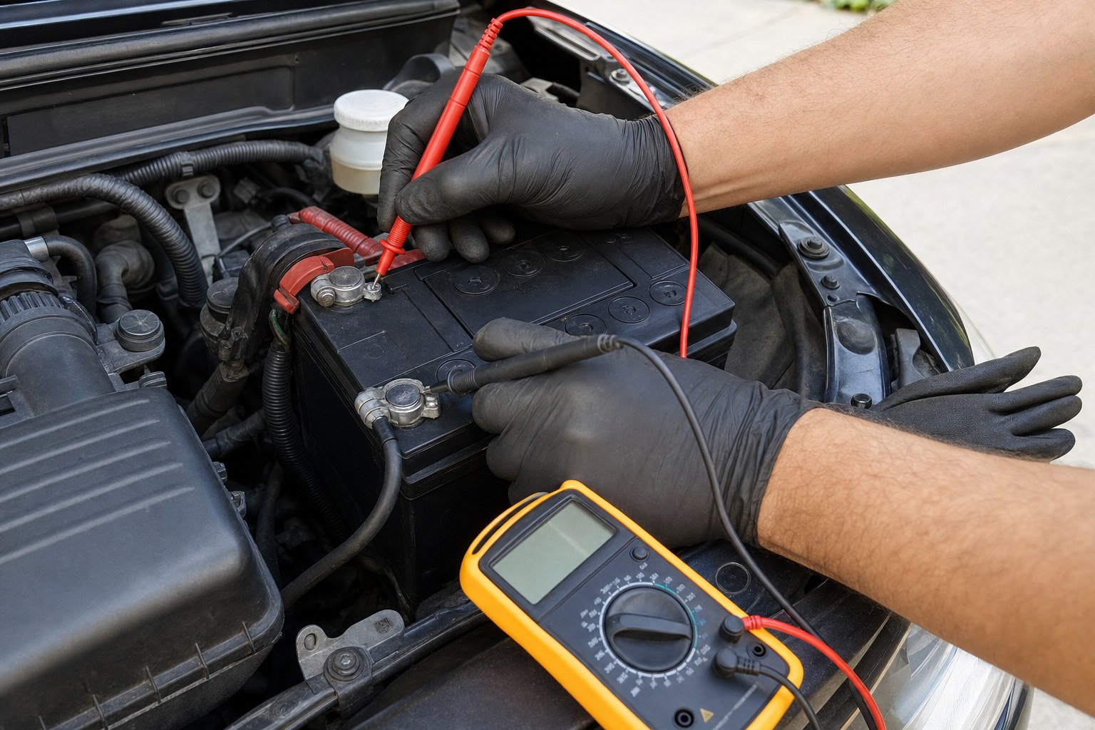 Mechanic testing battery terminals with a digital multimeter under an open hood