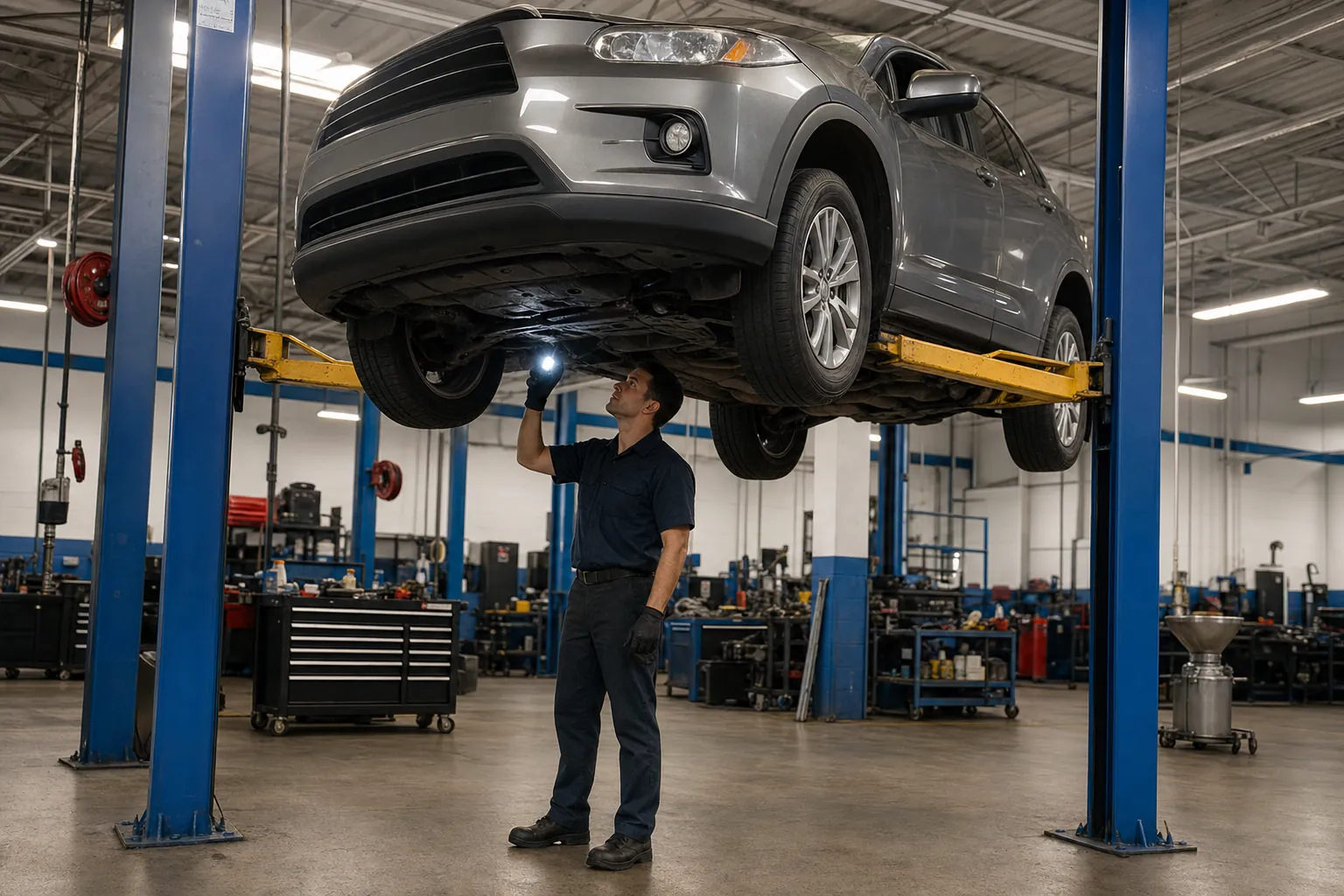 Passenger vehicle raised on a hydraulic shop lift while a technician inspects the underside