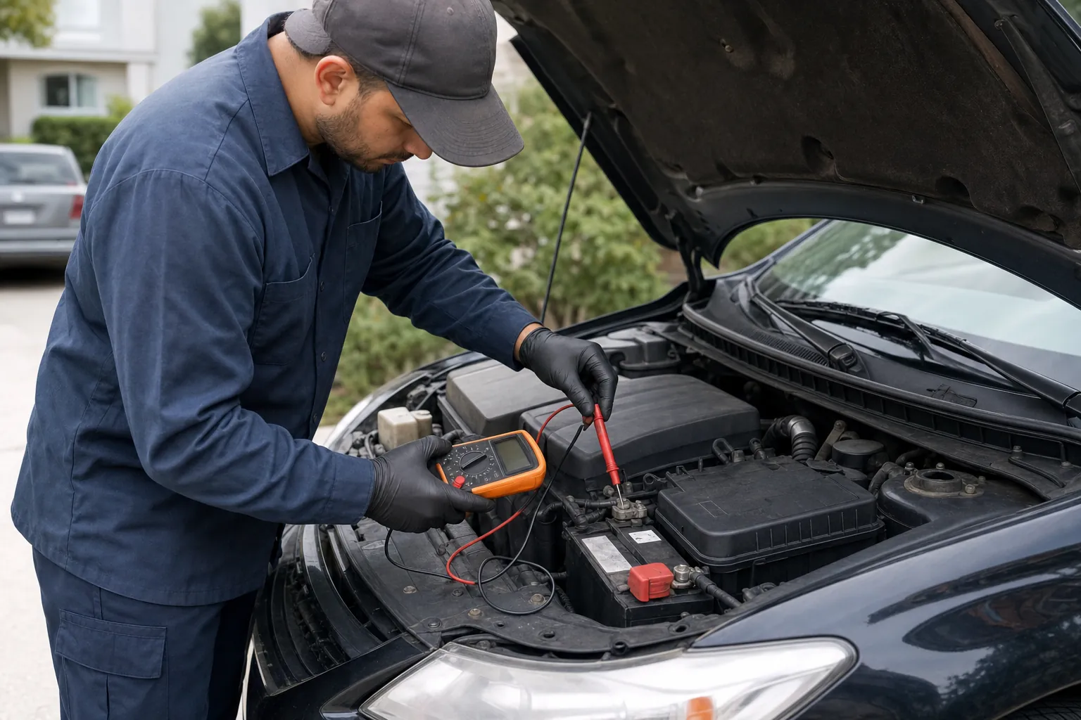 Mobile mechanic checking battery terminals and starting-system connections with a digital multimeter