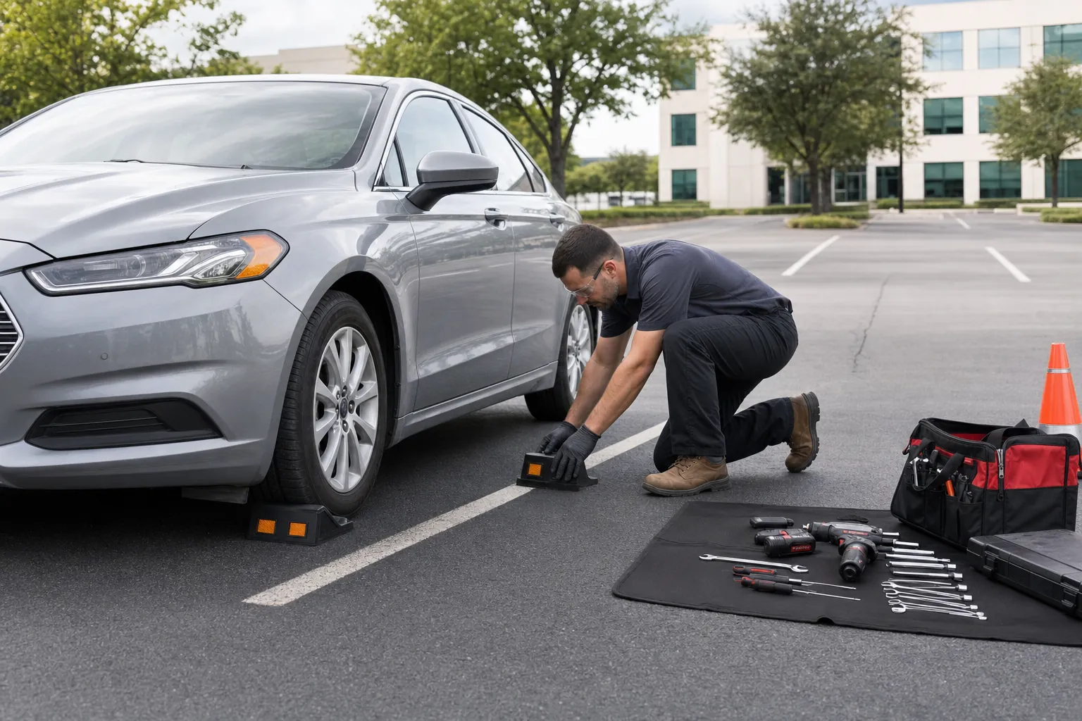 Mobile mechanic setting wheel chocks and arranging tools beside a car in an open office parking lot