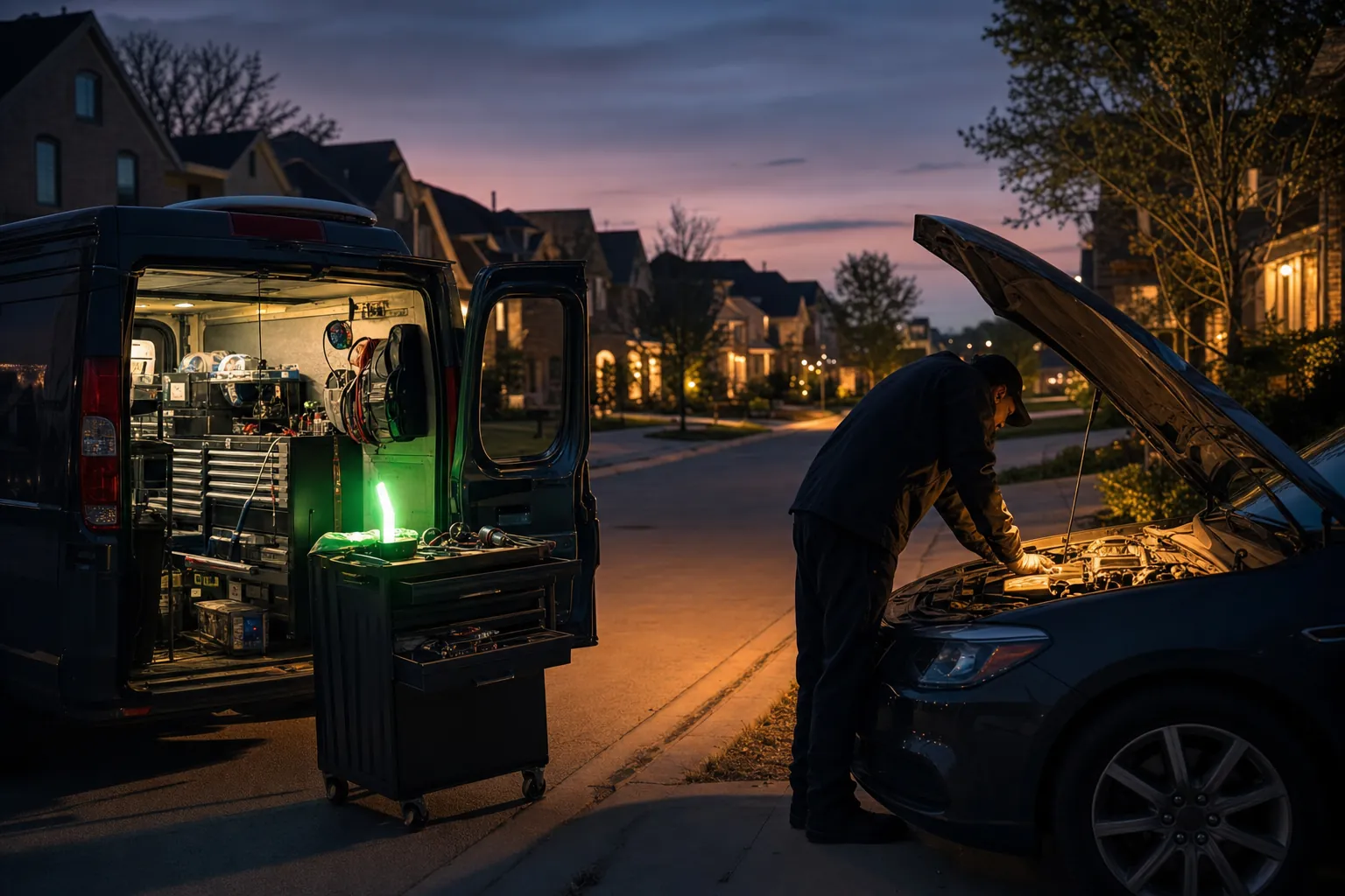 Rise High Mobile Mechanics service vehicle at a Dallas-Fort Worth driveway