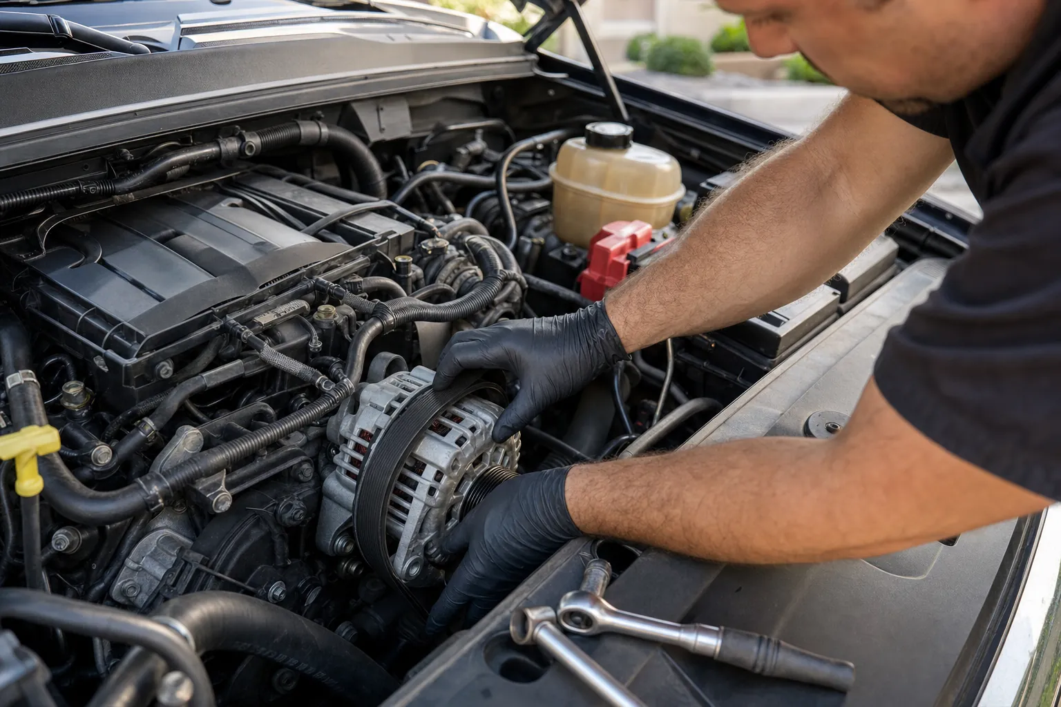 Mechanic installing an alternator and belt in an open vehicle engine bay
