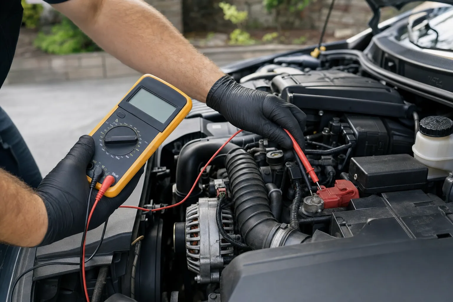 Mechanic testing a vehicle charging system with a multimeter near the alternator