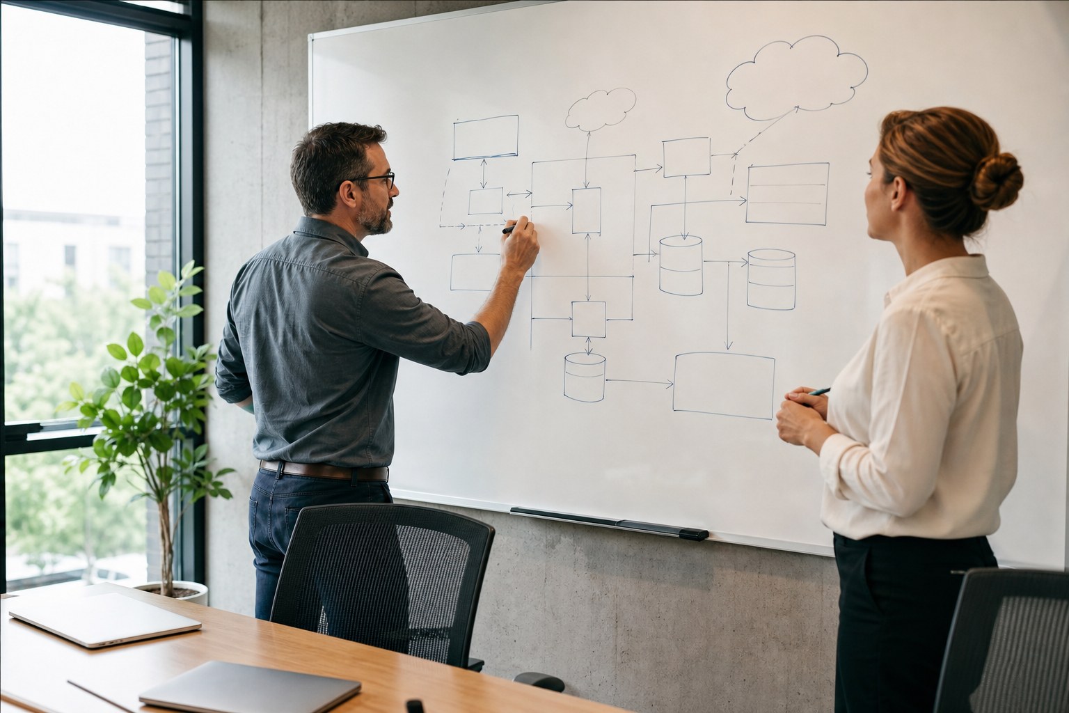 Two business professionals mapping essential systems and dependencies on a whiteboard