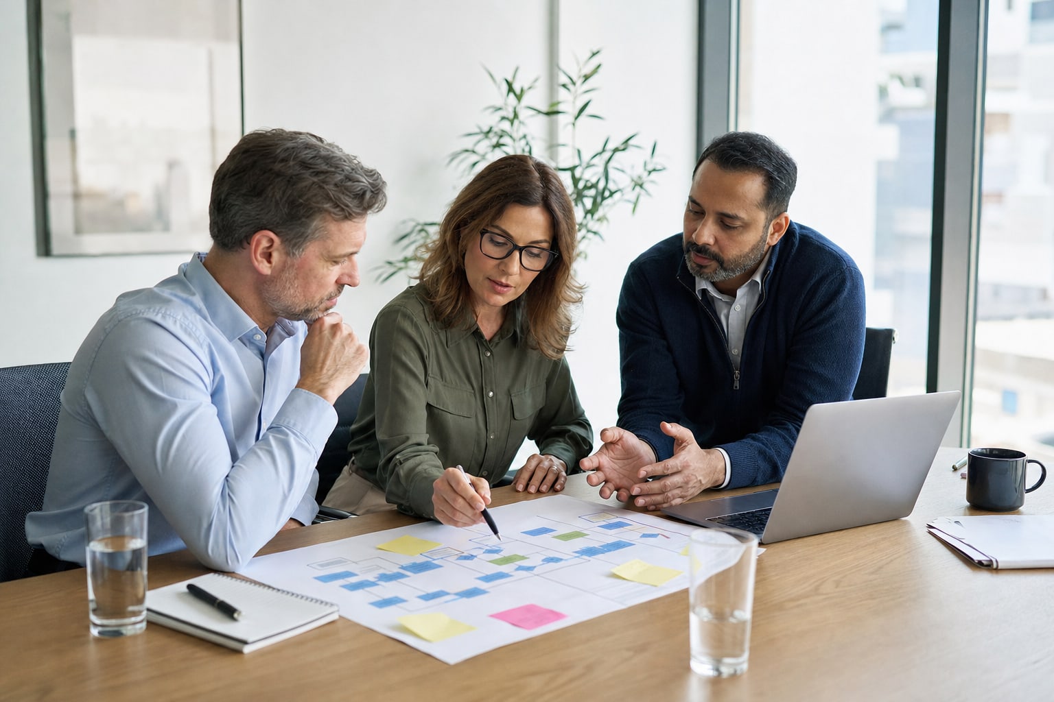 Business leaders and an IT advisor reviewing recovery priorities together