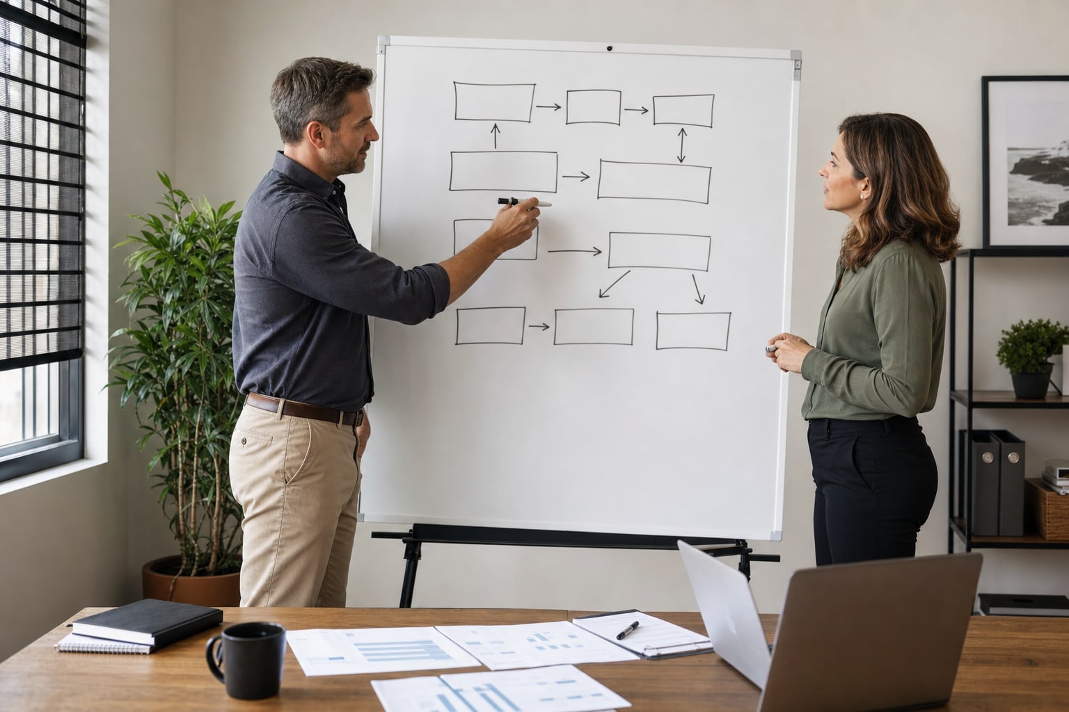 Operations leaders mapping essential business processes on a whiteboard
