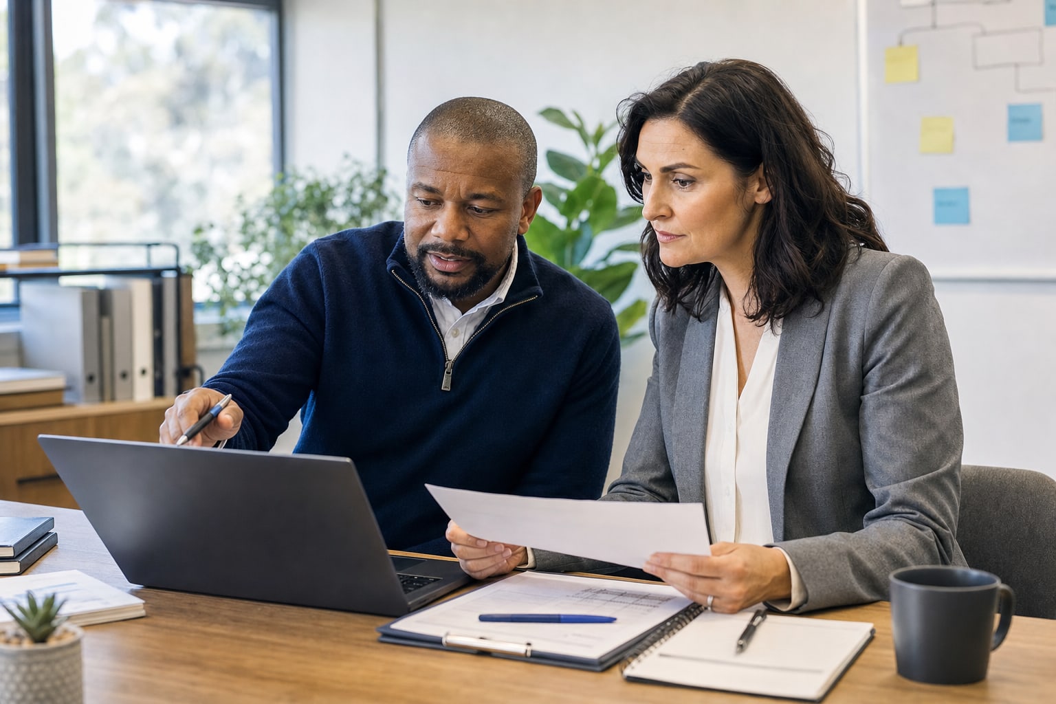 Technology advisor and business leader reviewing recovery priorities