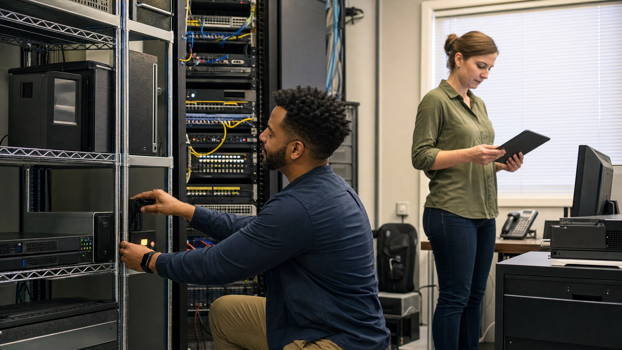 IT professionals checking backup and network equipment