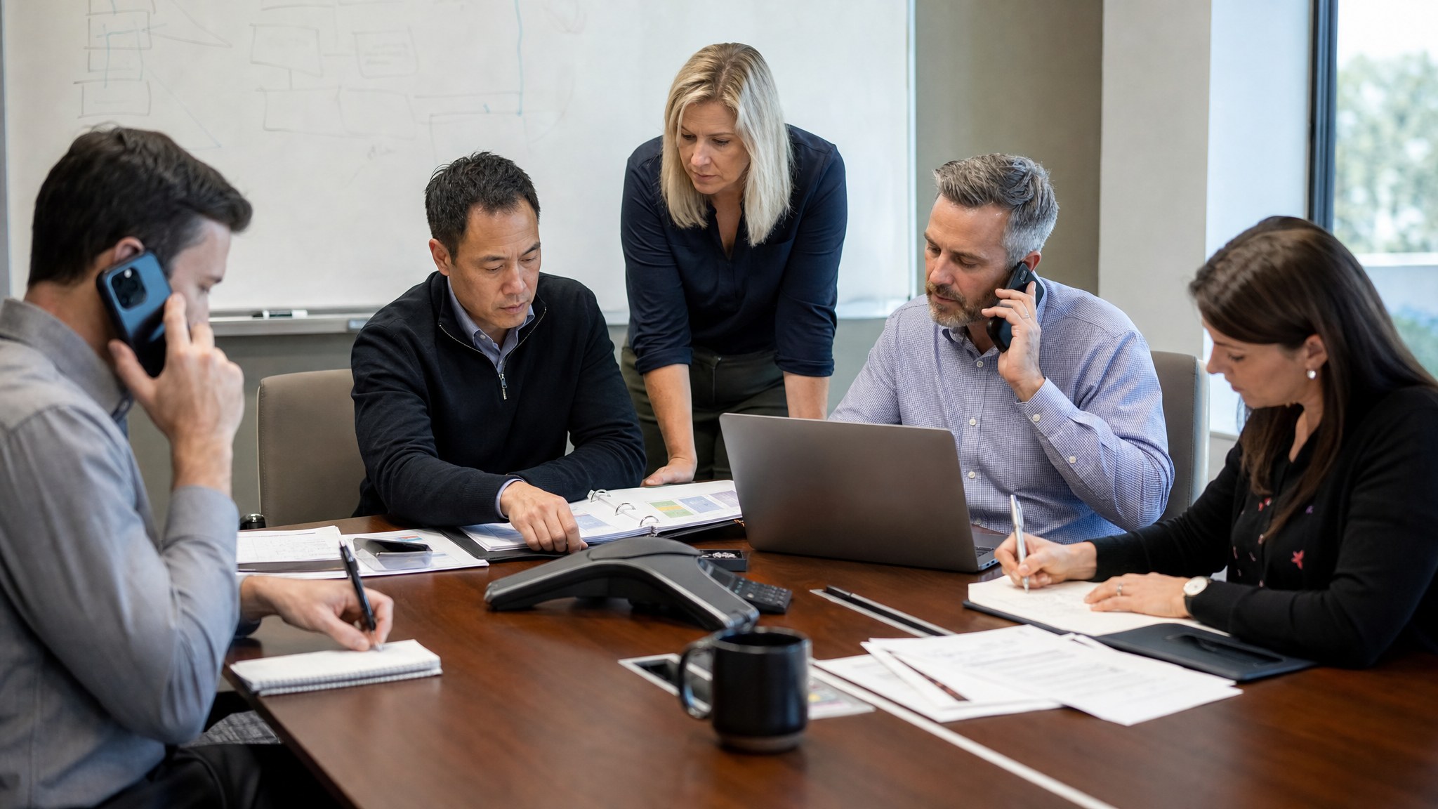 Business leadership team coordinating a response to a simulated disruption