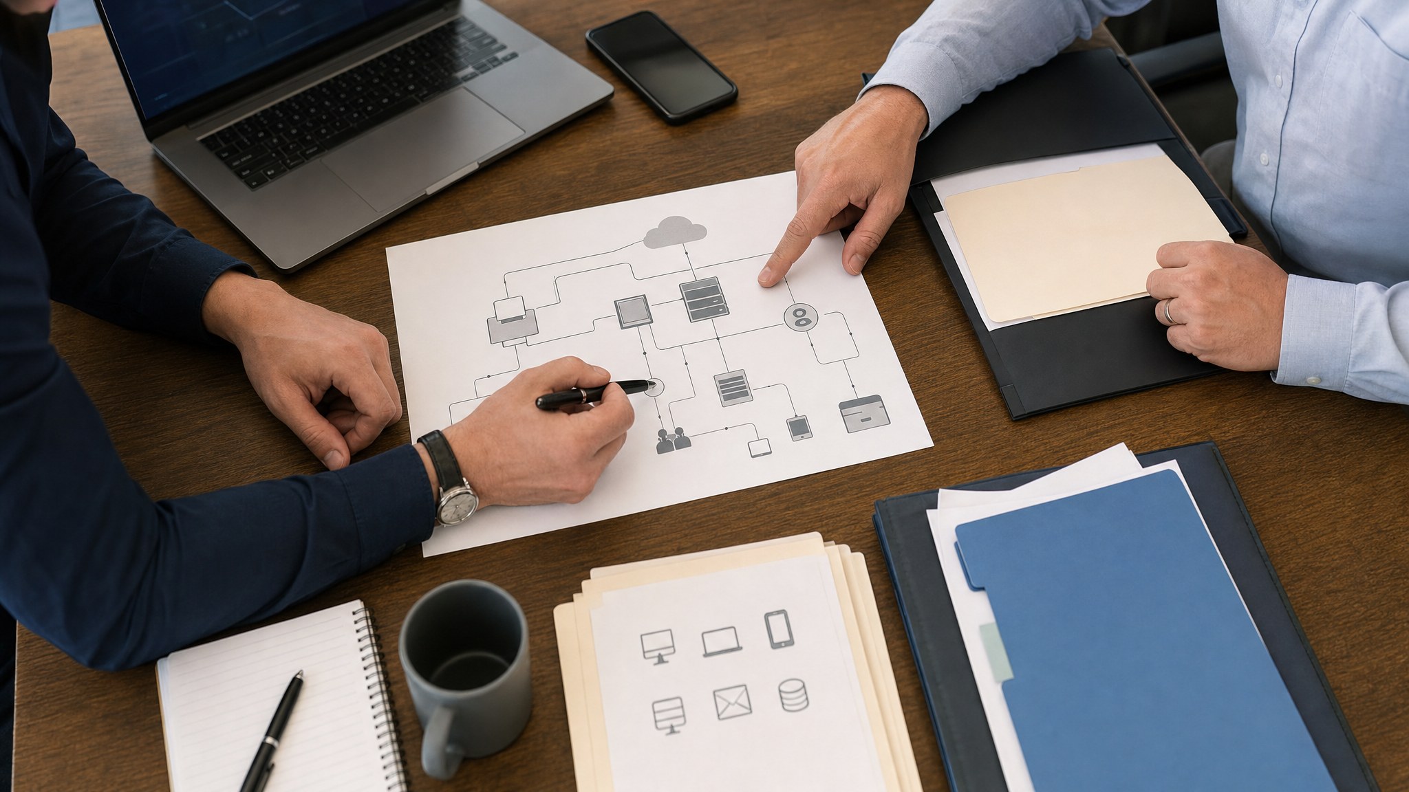 Business owner and IT advisor mapping technology dependencies for recovery