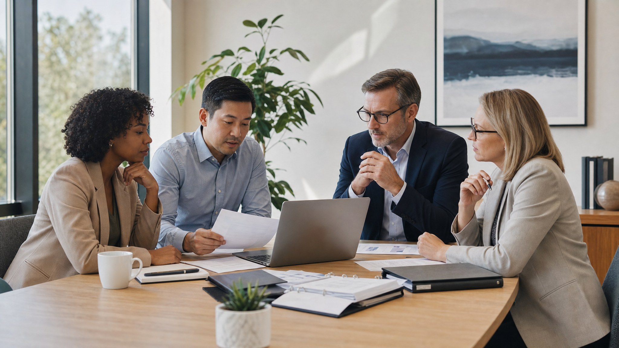 Business leaders and an IT advisor reviewing a disaster recovery plan