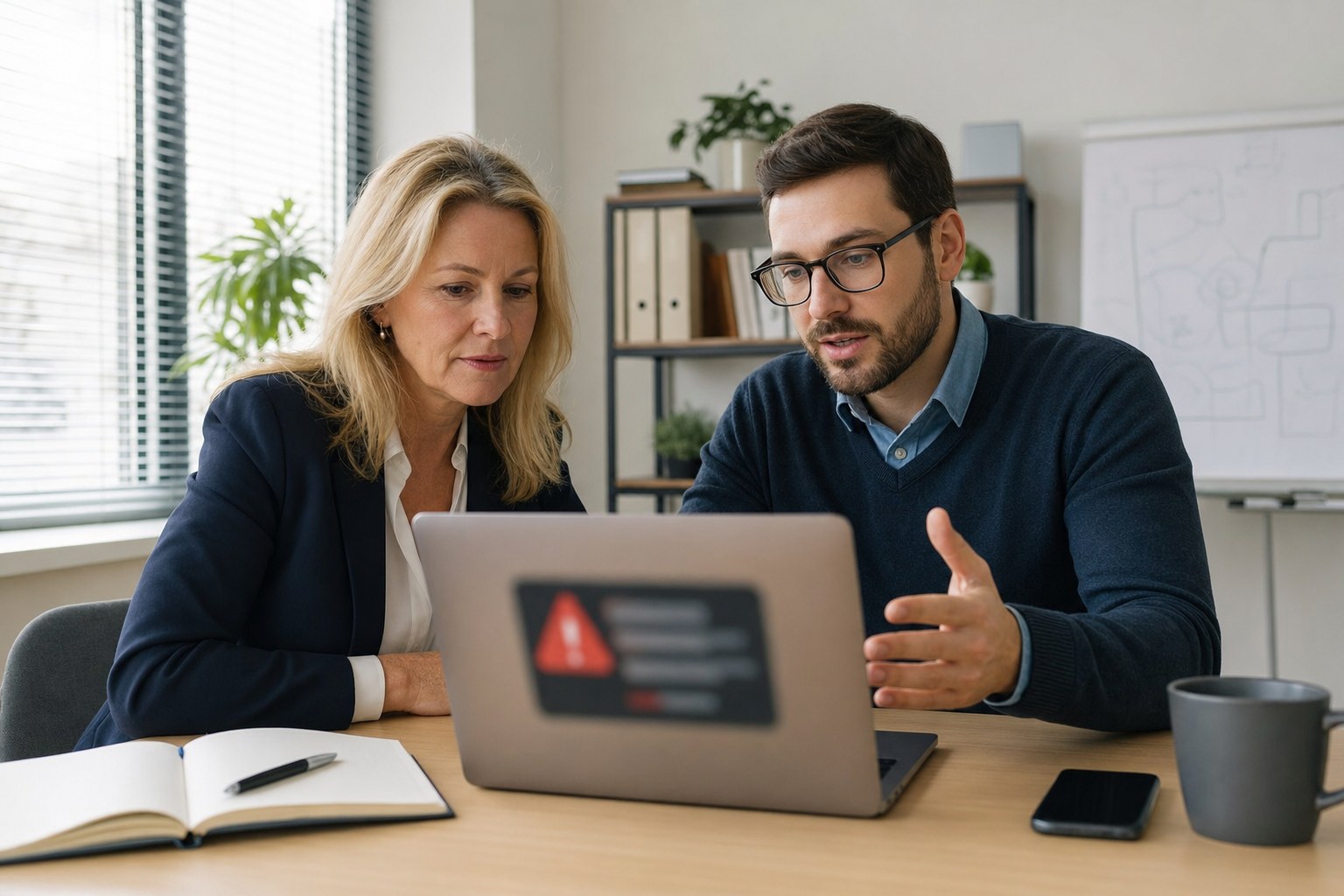 Business leader and IT advisor reviewing a security alert together