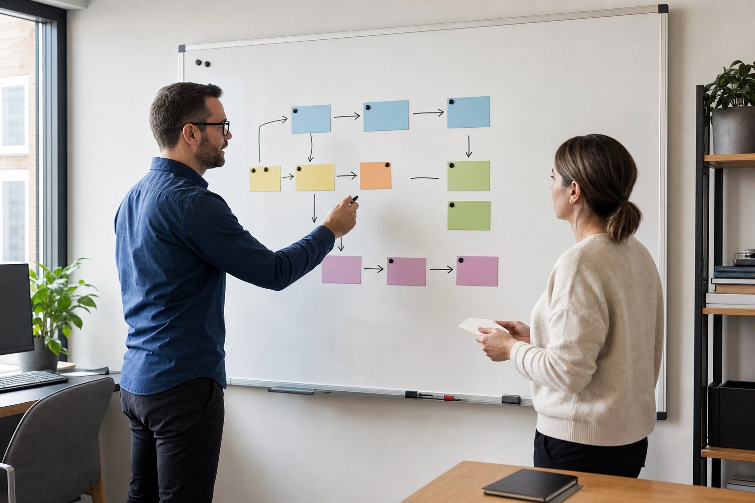 IT advisor and operations manager mapping incident response roles on a whiteboard