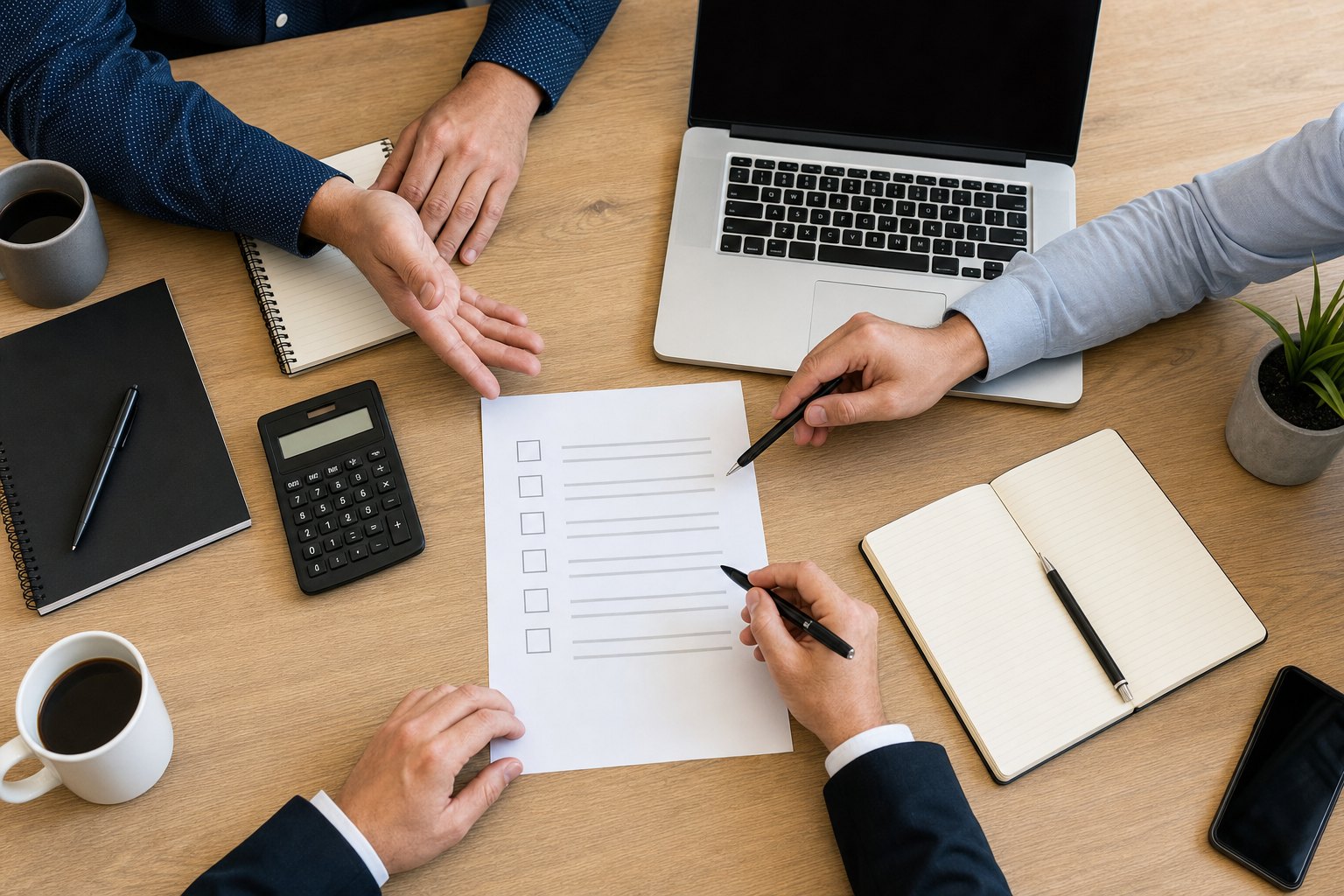Business leaders comparing a service checklist at a conference table