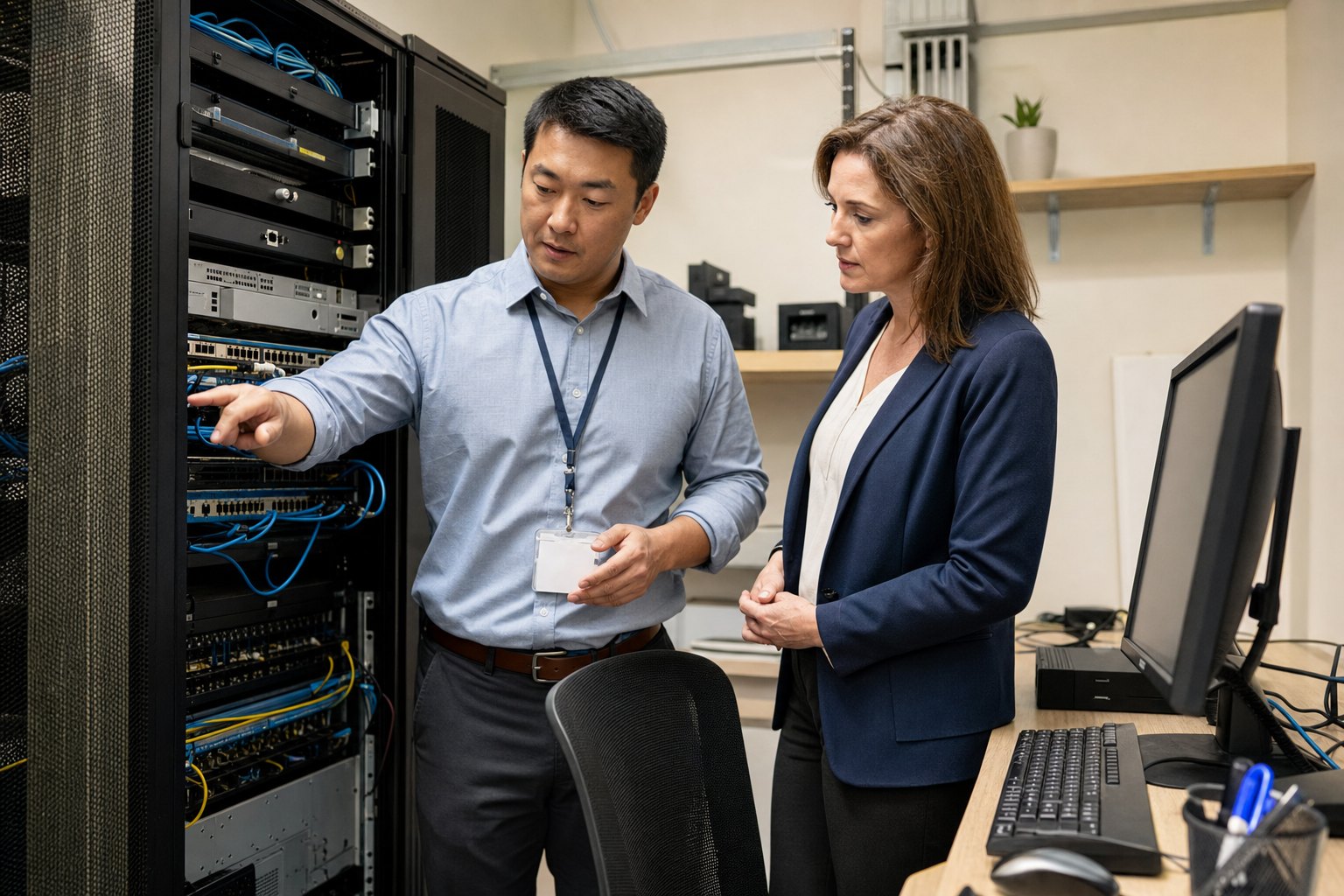 IT professional showing business leader a network equipment cabinet