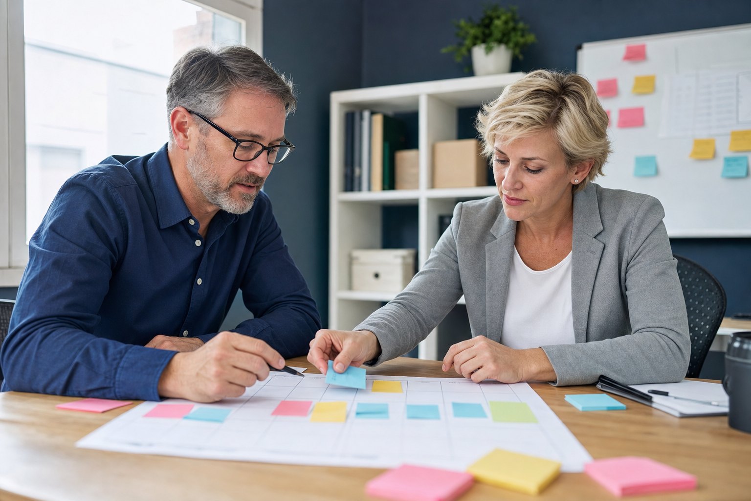 Business owner and IT advisor organizing a transition plan together
