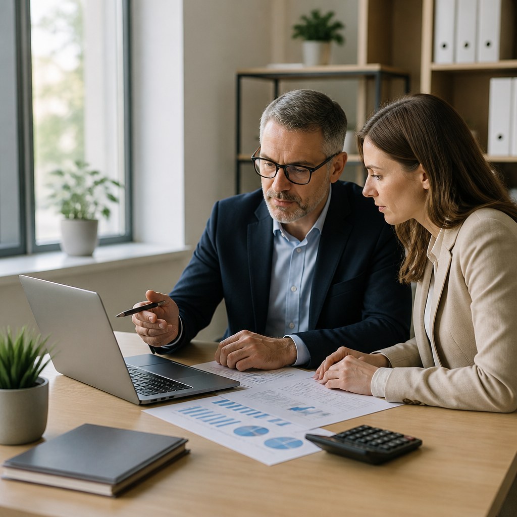 Accounting professionals reviewing financial documents and a laptop