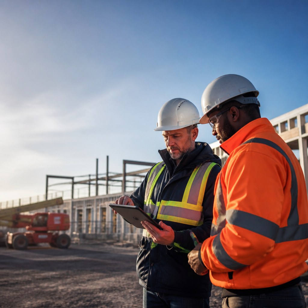 Construction leaders reviewing plans at an active jobsite