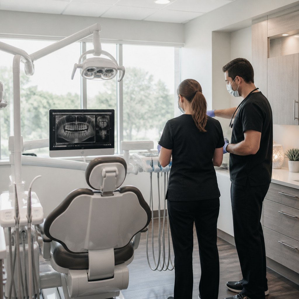 Dental team preparing a modern treatment room