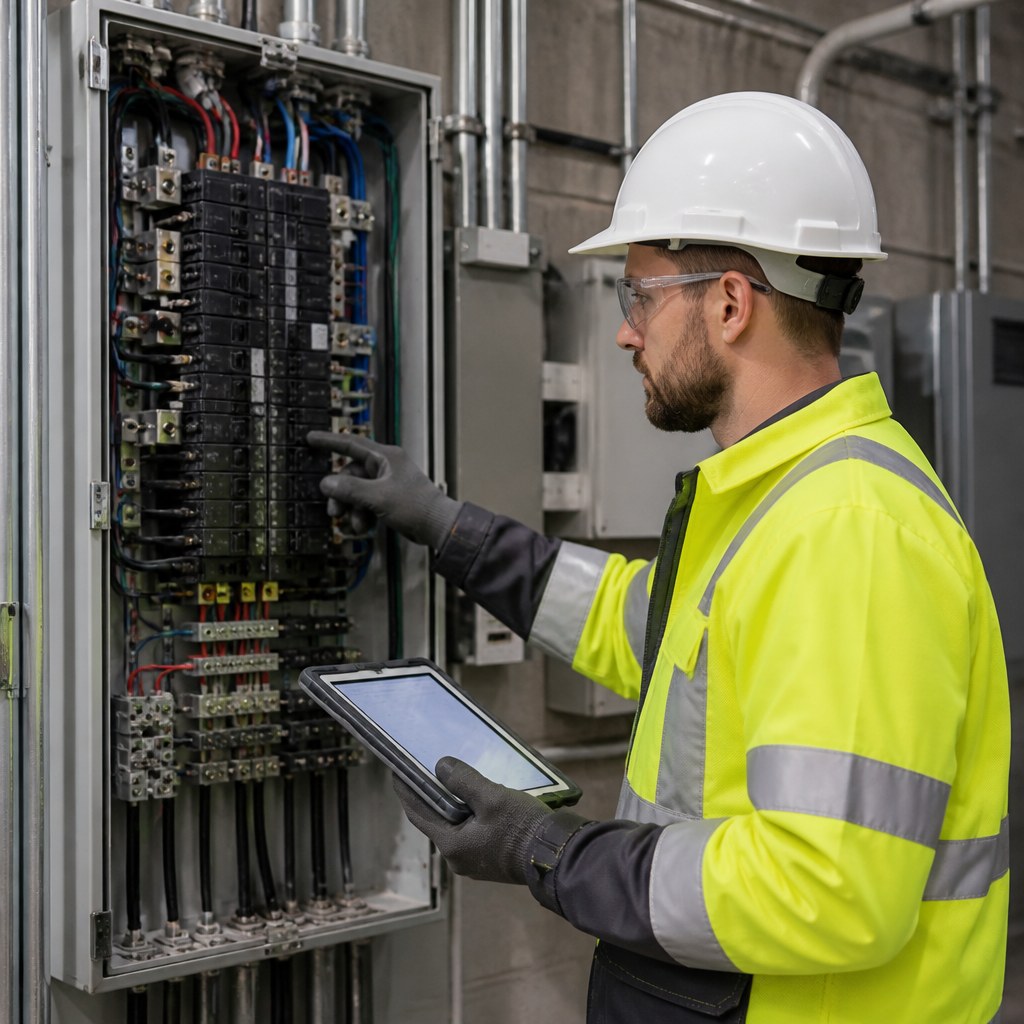 Electrician inspecting a commercial electrical panel