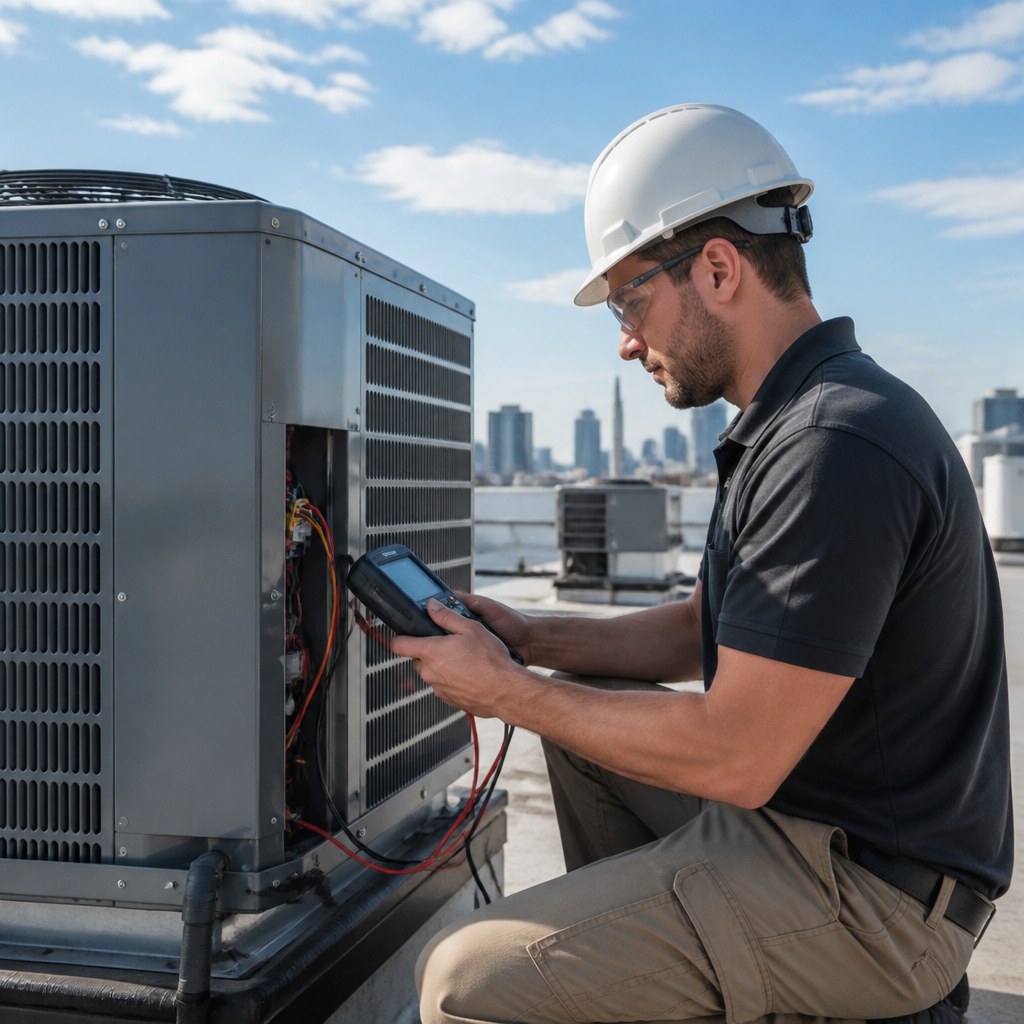 HVAC technician checking a commercial rooftop unit with a tablet