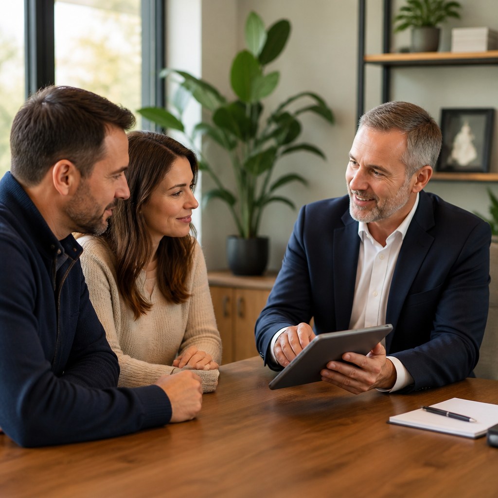 Insurance advisor meeting with clients in a welcoming office