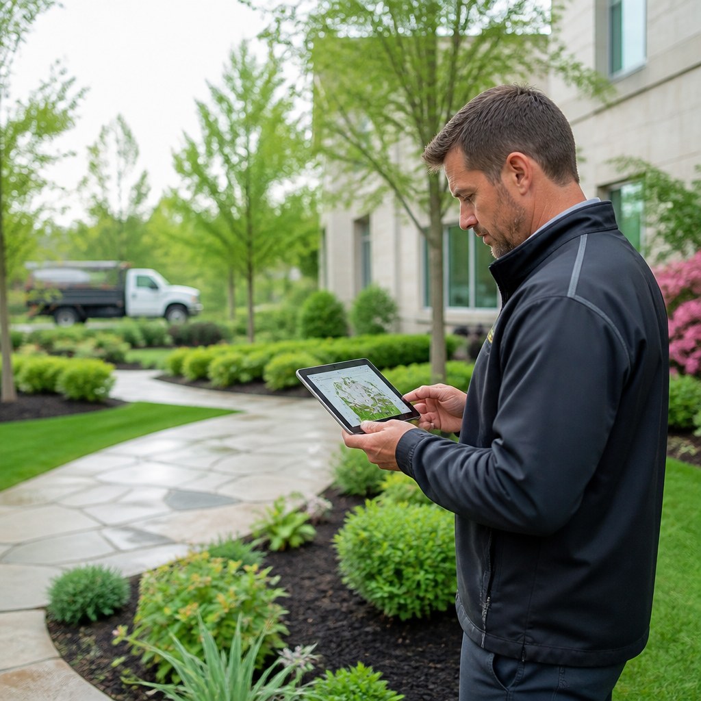 Landscape manager reviewing a plan on a tablet outdoors