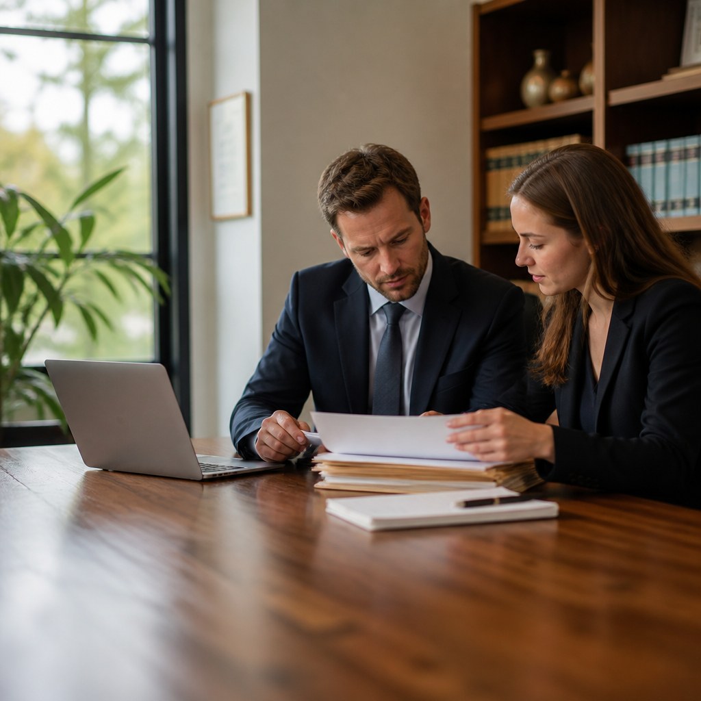 Legal professionals reviewing a case file and laptop in an office