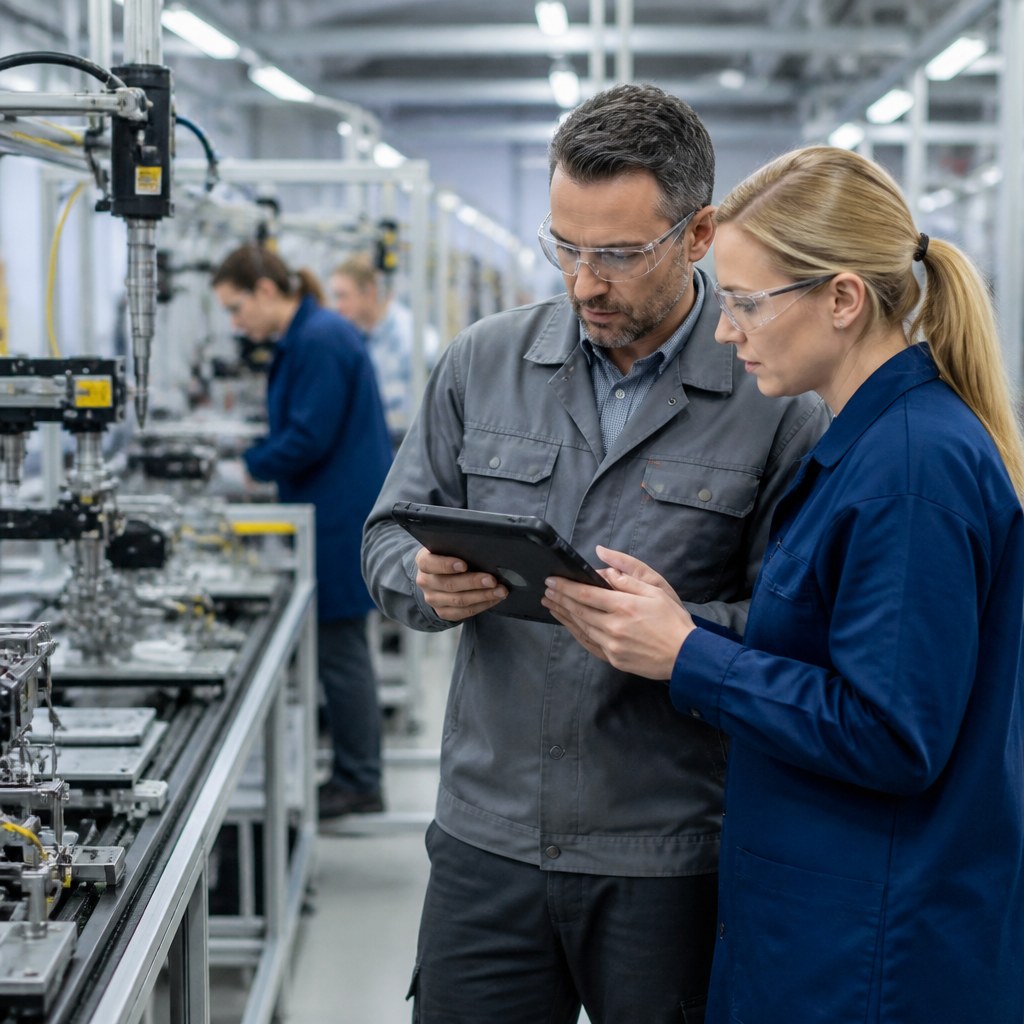 Manufacturing team reviewing data on a production floor