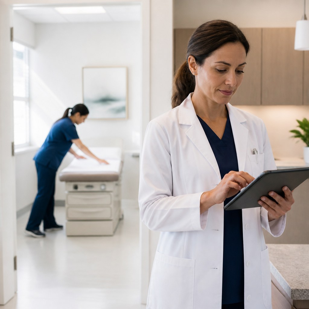 Clinician using a tablet in a bright medical practice