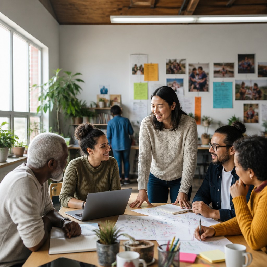 Nonprofit team collaborating in a community workspace