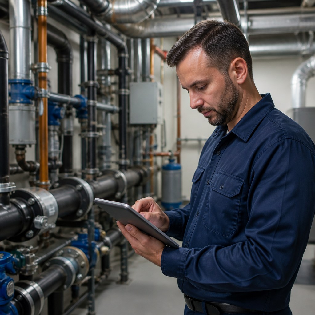Plumbing technician using a tablet in a commercial mechanical room