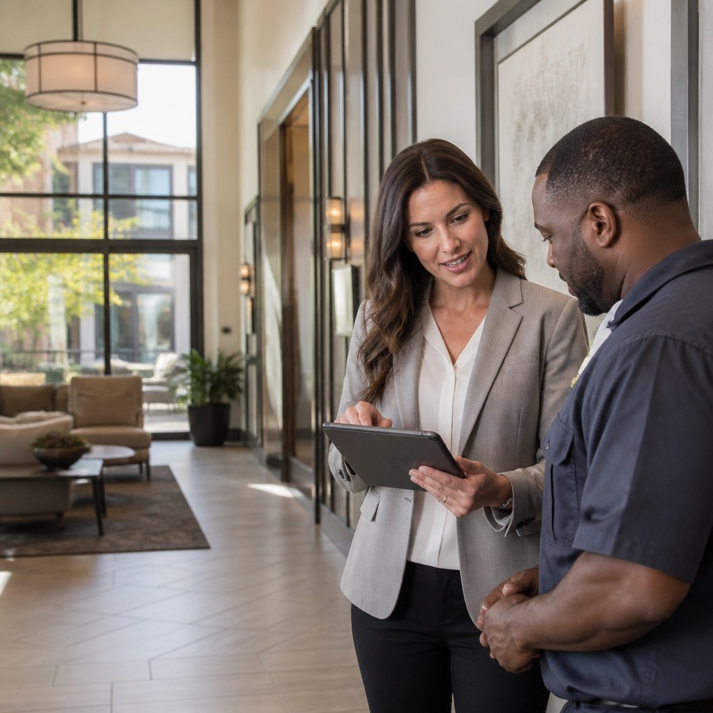 Property professionals reviewing information in a residential building lobby