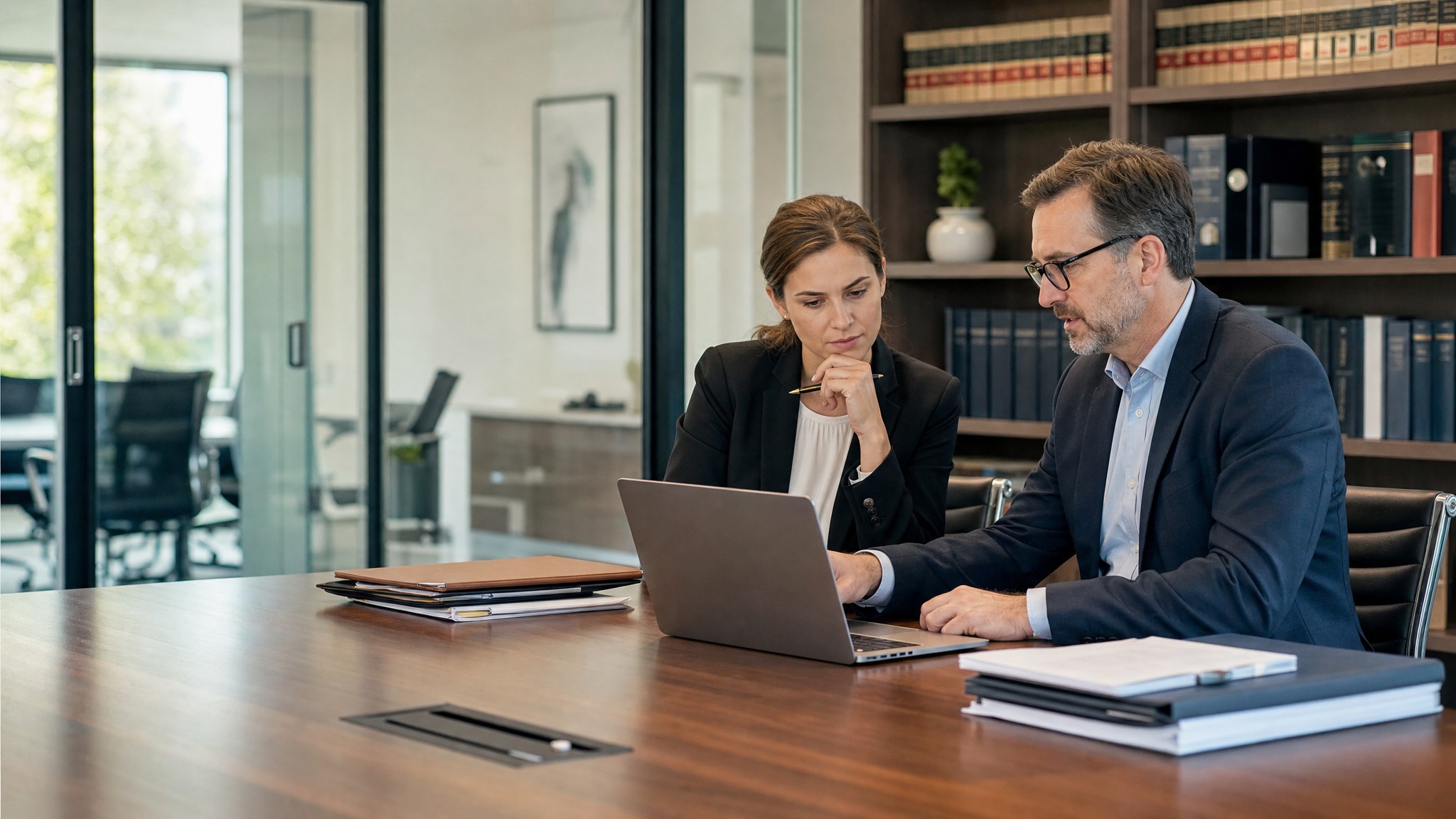 An attorney and technology advisor reviewing a laptop in a law office conference room