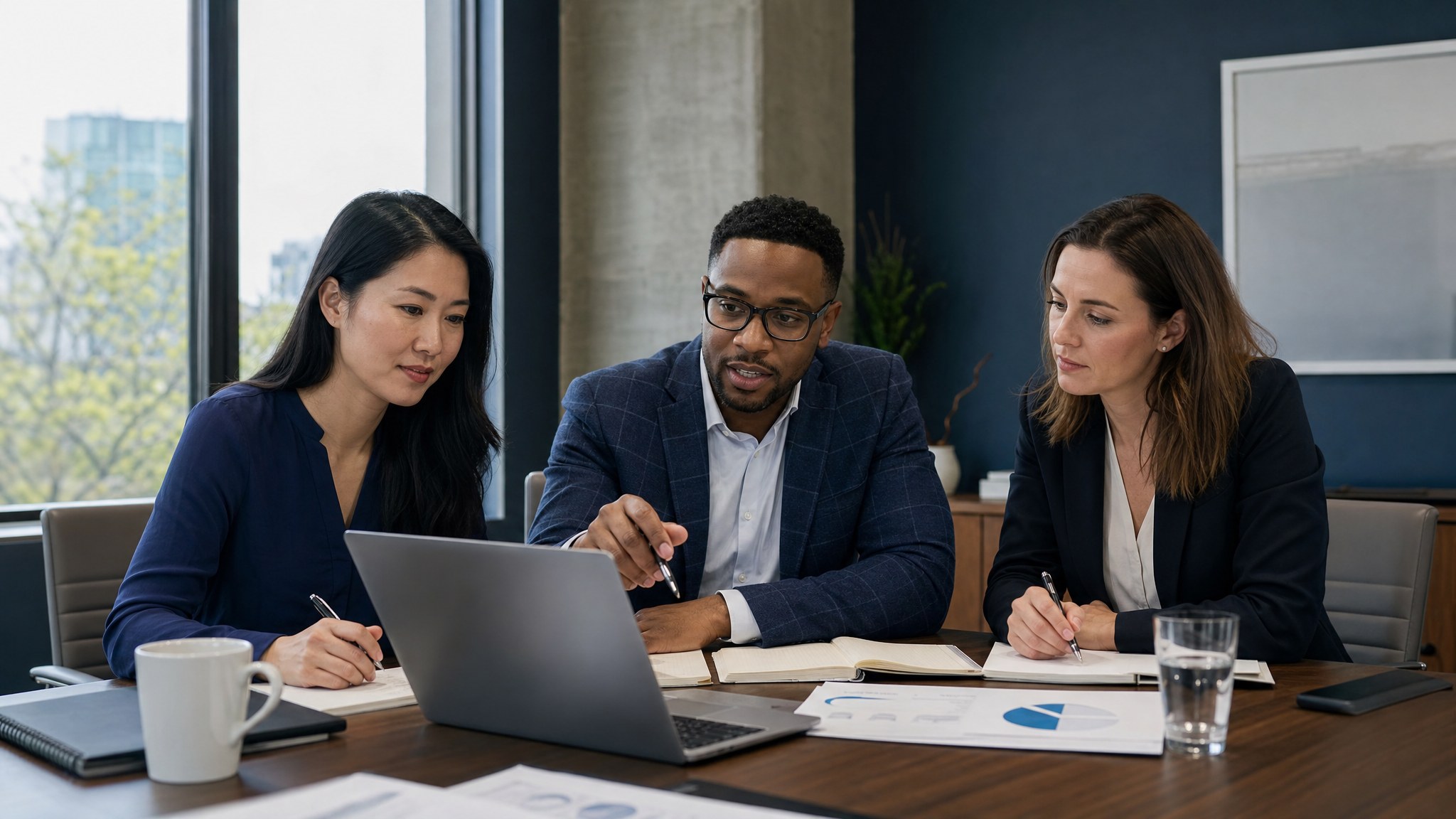 Three business professionals collaborating around a laptop in a conference room