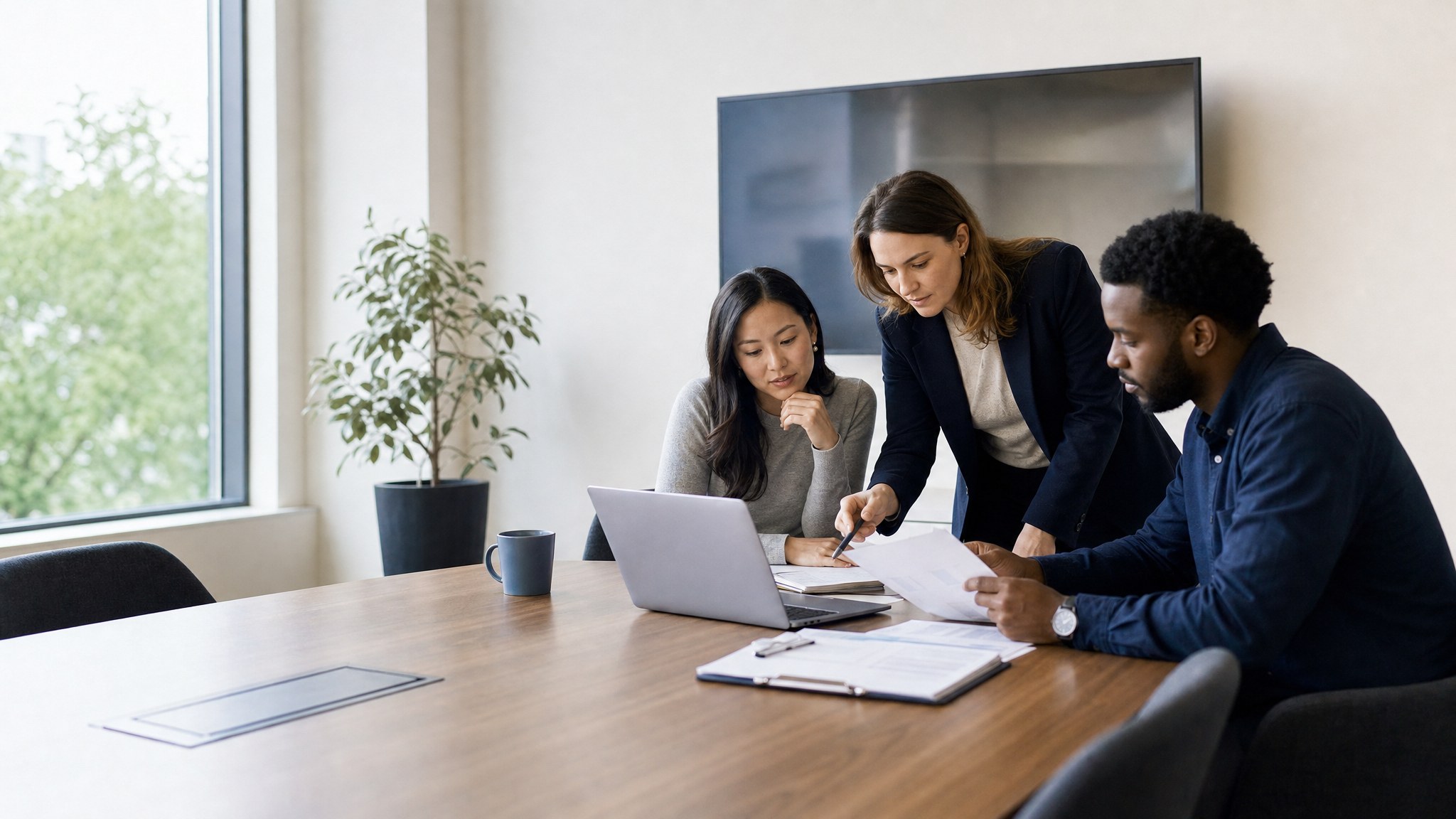 Business team reviewing documents and collaborating on a laptop in a conference room